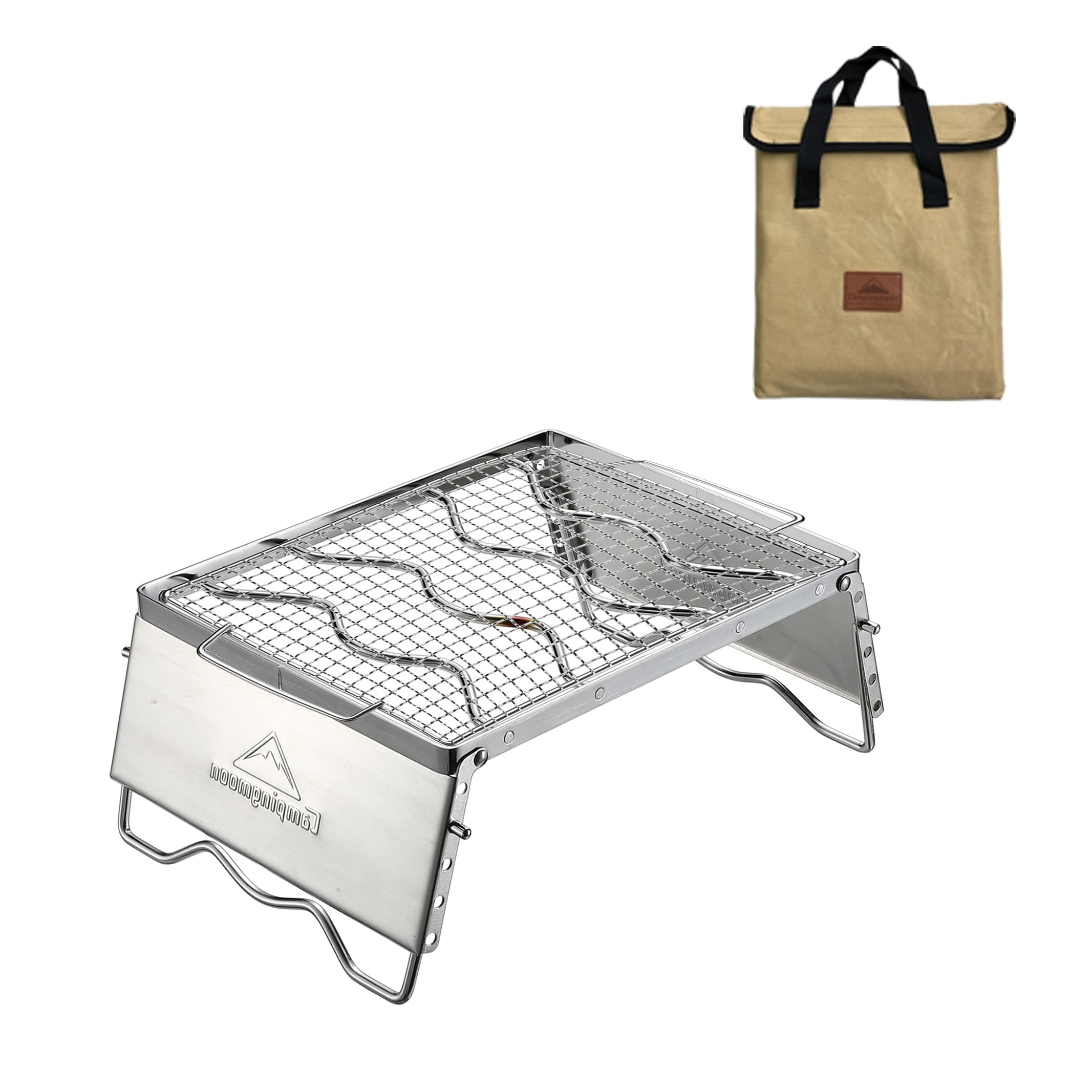 CAMPINGMOON Folding Campfire Grill Grate Open Fire Cooking Camping Portable 304 Stainless Steel with Cooking Grid, Windscreen Legs and Carrying Bag MS -1018-SW