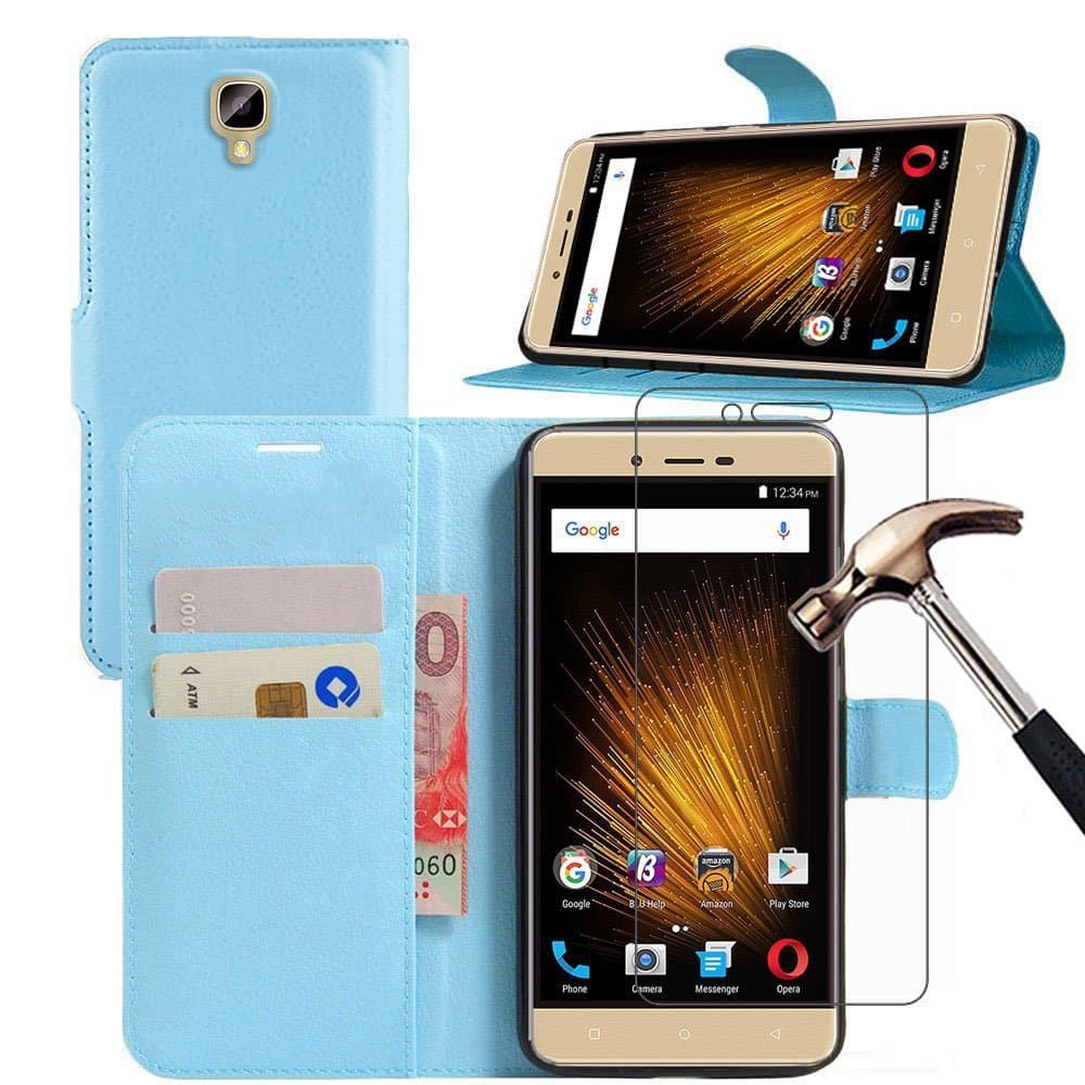Gzerma for BLU VIVO XL2 Wallet Case with Screen Protector, Flip Folio [Credit Card Slot] PU Leather Cover, and [Easy to Install] Protective Film for BLU Vivo XL 2 V0070UU 5.5" Cell Phone (Blue)