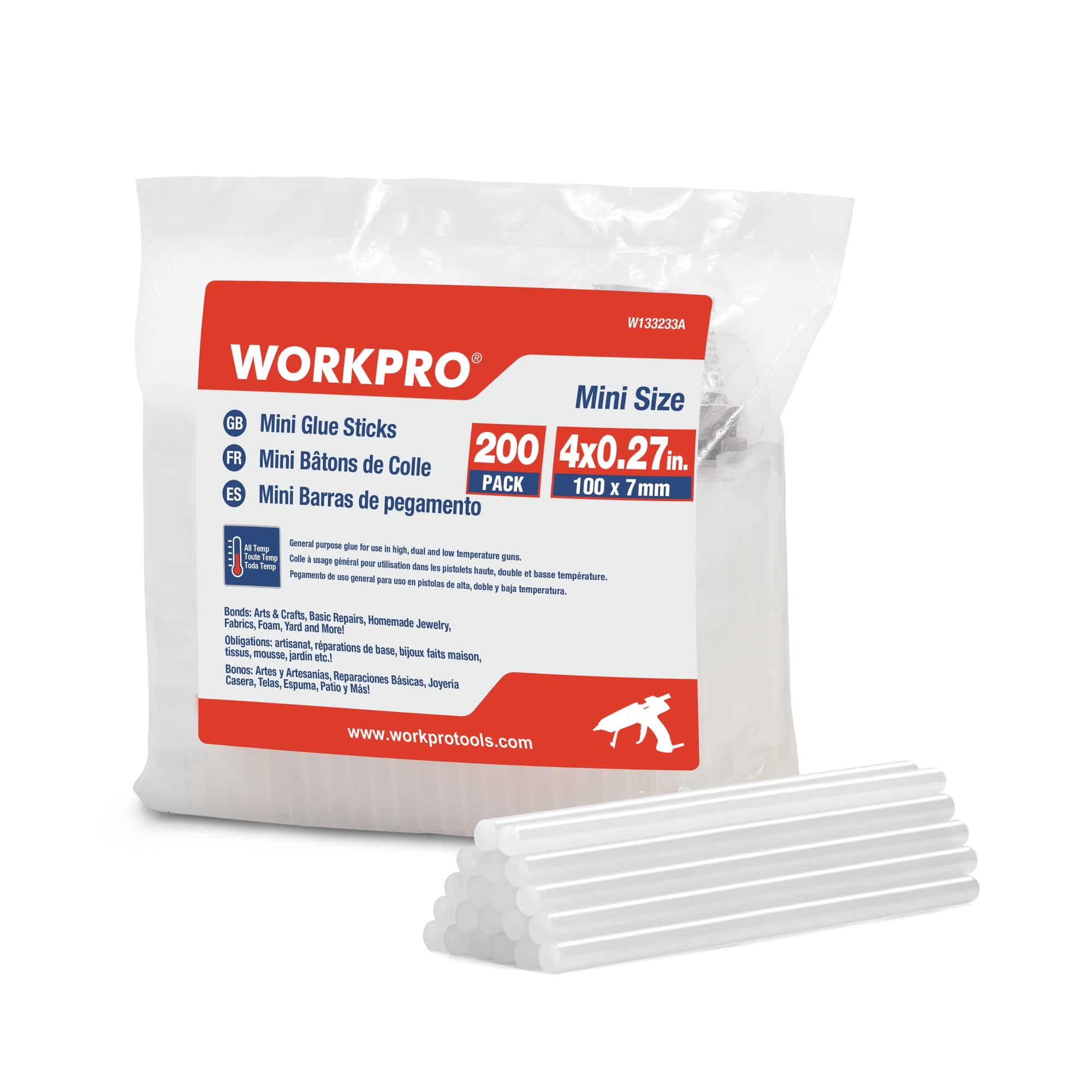 WORKPRO Hot Glue Sticks, Compatible with Most Glue Guns, Multipurpose for DIY Art Craft General Repairs, Home Decoration and Gluing Projects (0.27"x4" 200PCS)