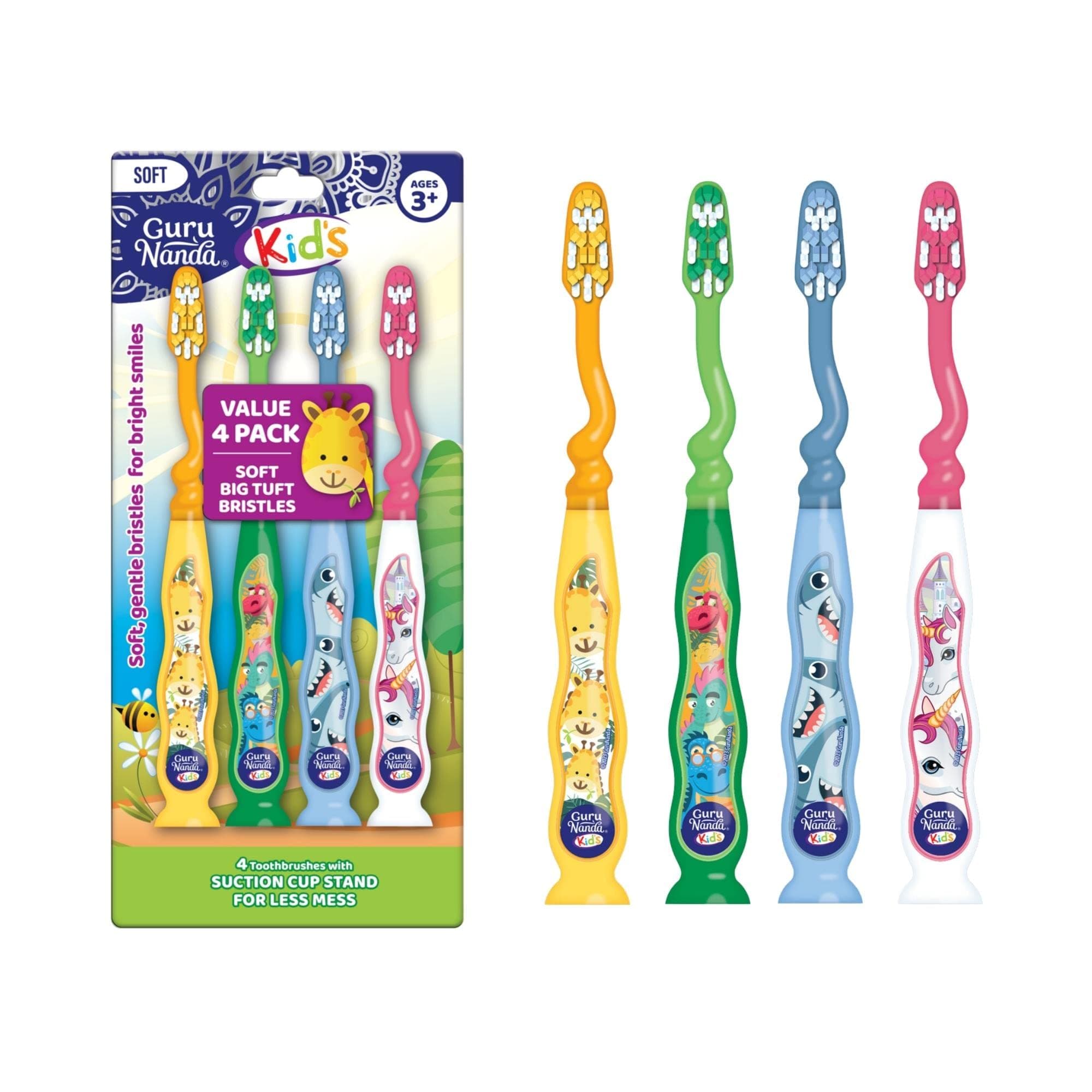 Kids Toothbrush with Suction Cup & Fun Animal Designs - Soft Bristles for Healthy Gums- Non-Slippery & Mess-Free Toothbrush, 3+ Age- 4 Count