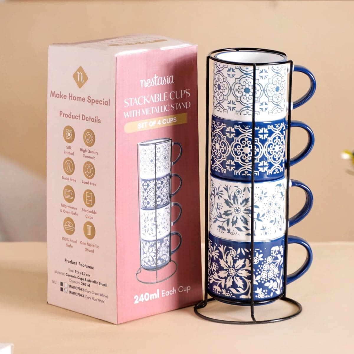 Stackable Ceramic Cups Set of 4 (240 ml Each) | Microwave & Dishwasher Safe Tea & Coffee Cups with Glossy Finish | Ideal for Gifting (Floral Blue)