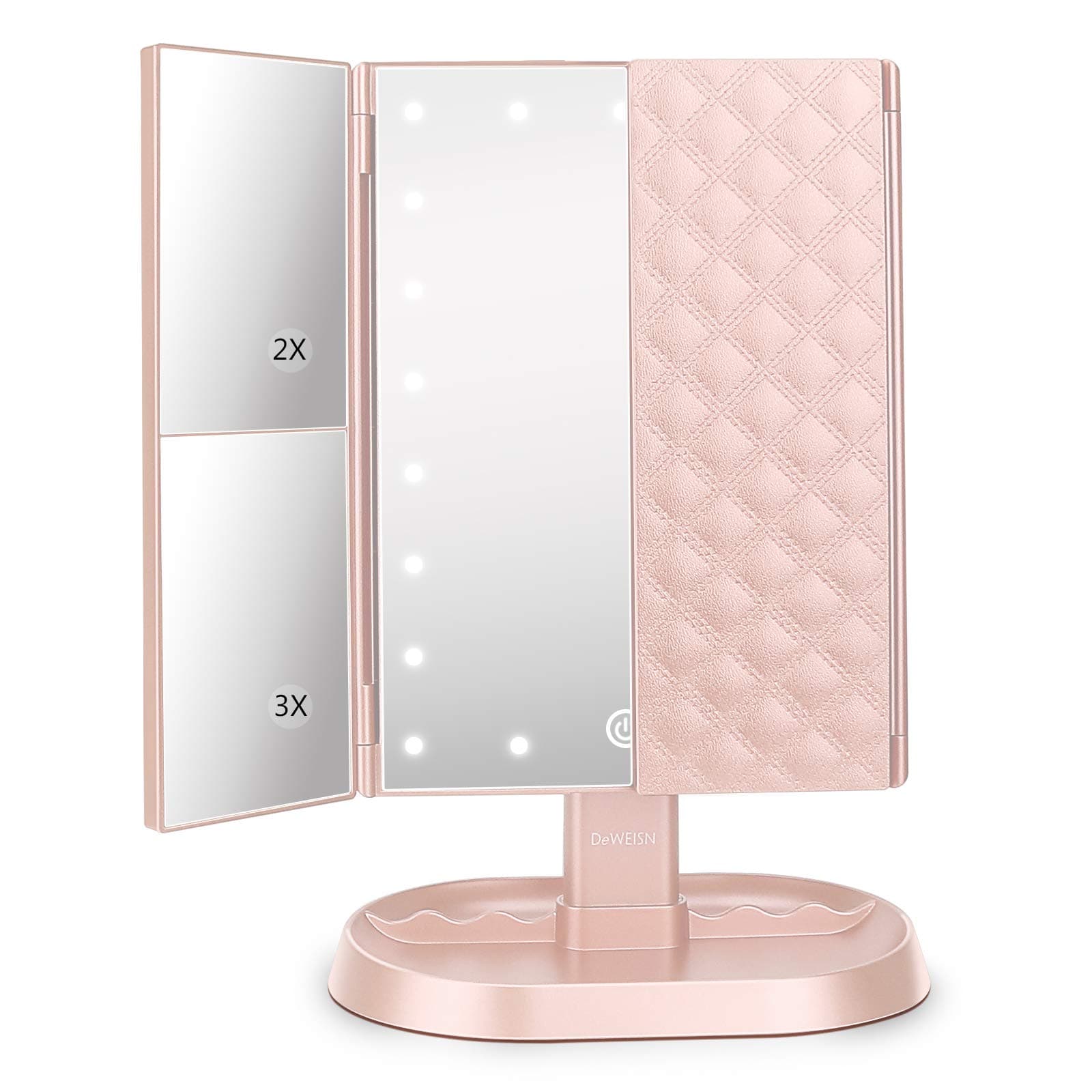 deweisn Trifold Lighted Vanity Makeup Mirror with 21 LED Lights,1x/2x/3x Magnification and Touch Screen Dimming,Two Power Supplies Makeup Mirror, Gift for Women