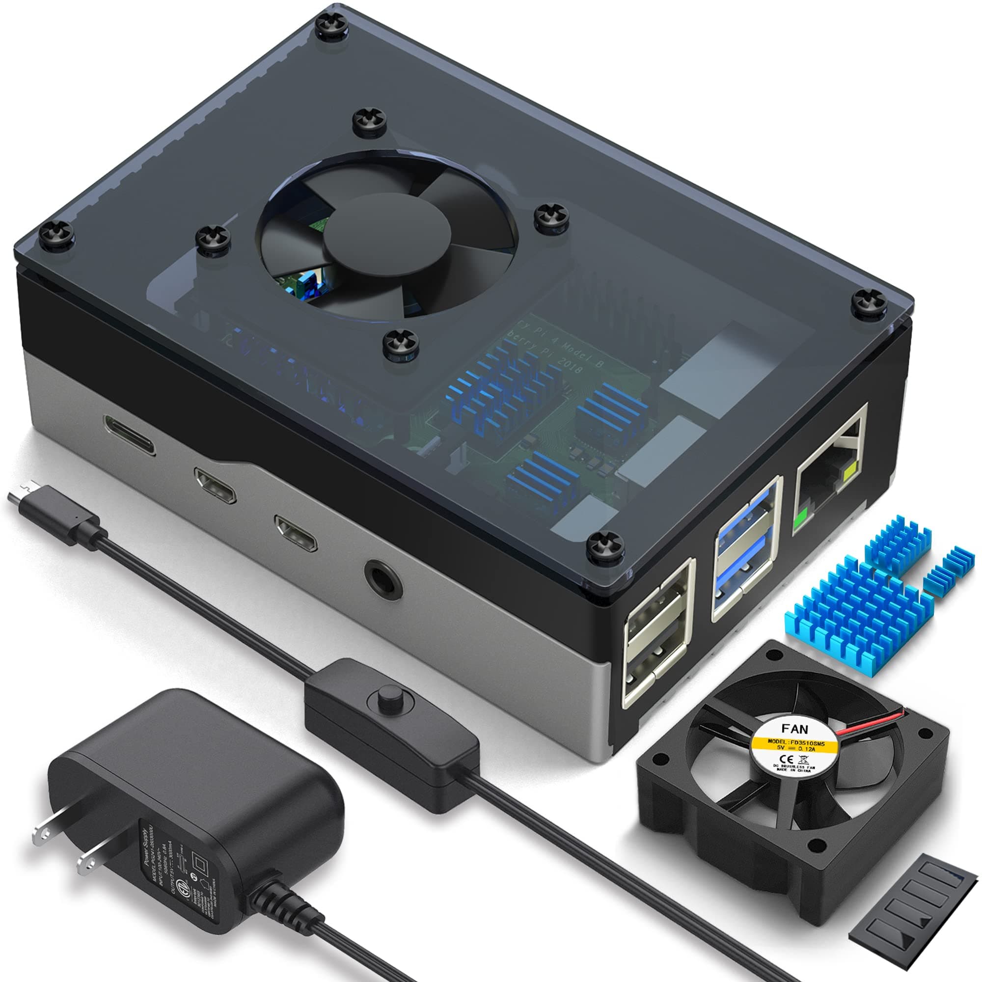 Case for Raspberry Pi 4, 4b, 4 8gb, 4gb, 2gb with Fan 35mm, 5V 3A Power Supply, 4 Aluminum Heatsinks, Silvery Black