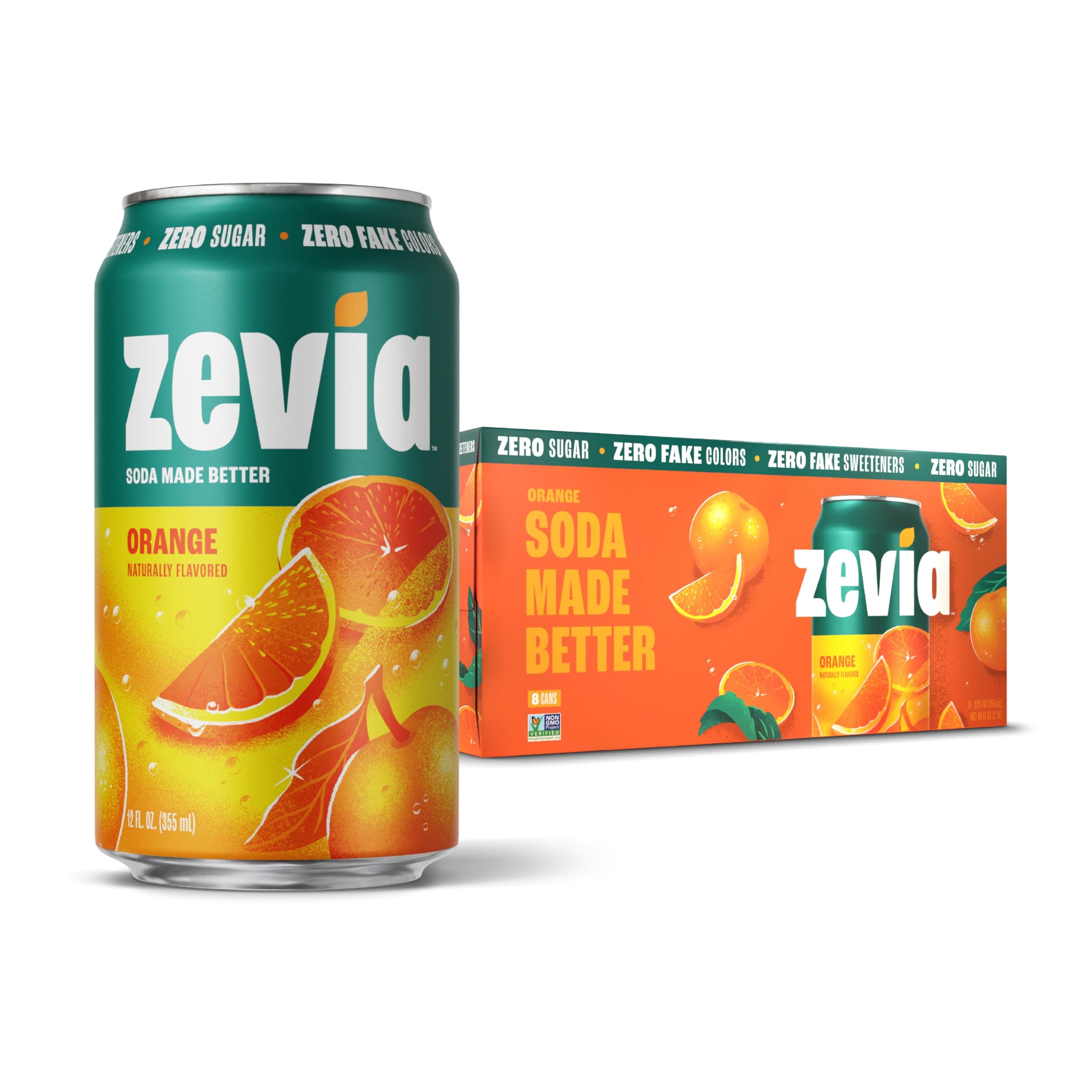 Zevia Zero Sugar Soda, Orange, 12 oz Cans (8-Pack) – Naturally Sweetened, Non-GMO Project Verified, Gluten-Free, Vegan