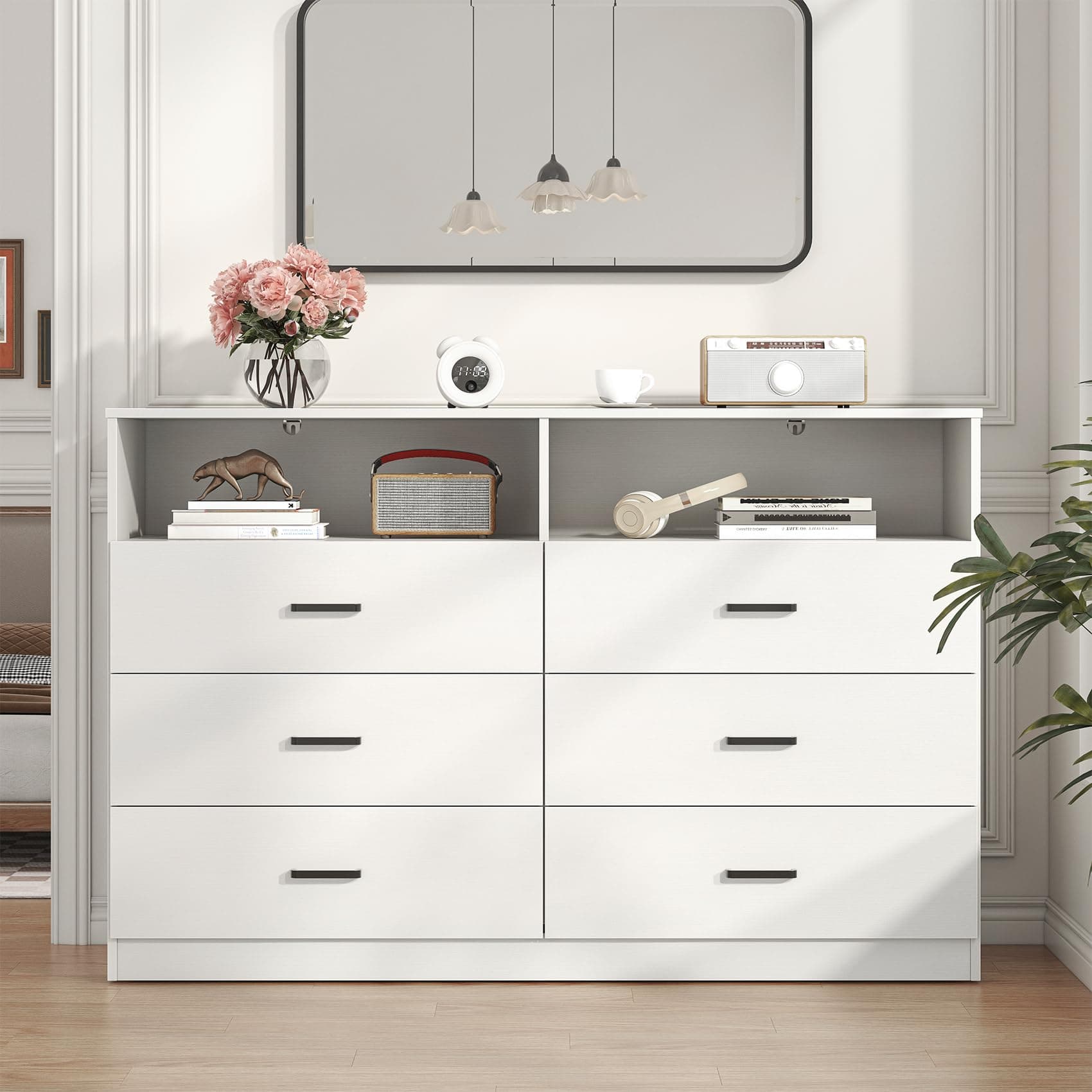 Bigbiglife 6 Drawers Dresser for Bedroom with Open Storage Cubby, Double Wide Dresser Organizer for Bedroom, Living Room, Entryway, Hallway (White)