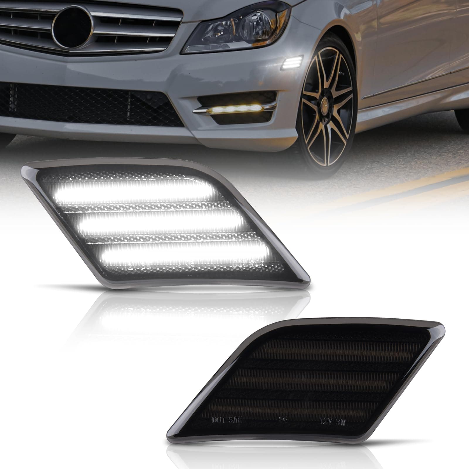 POPMOTORZ Full LED Front Bumper Side Marker Light Assembly, White Blinker Signal Lamp Kit Compatible With 2008-2011 Mercedes W204 C250 C300 C350 & 2008-2013 C63 AMG Driver & Passenger Side-Smoked Lens