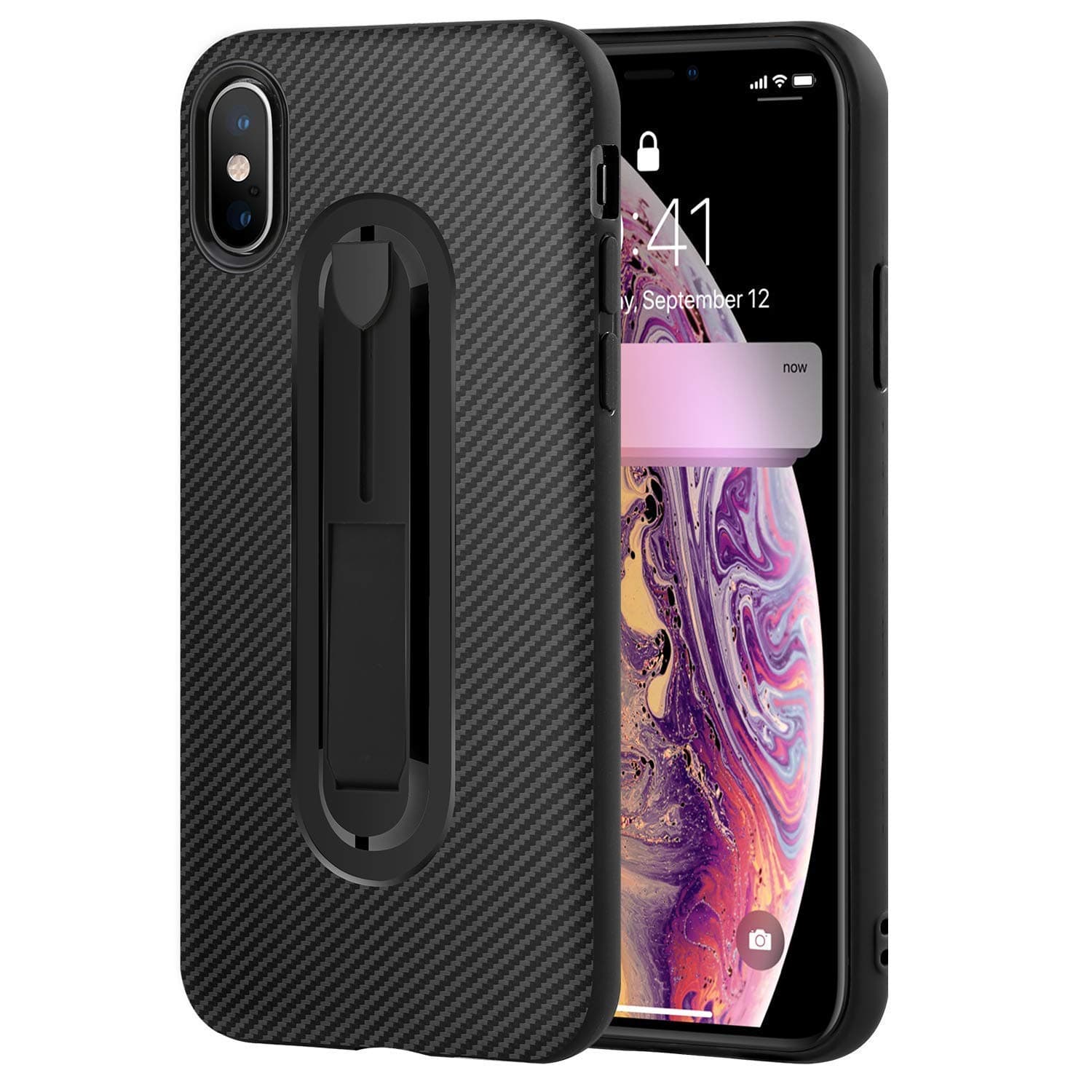 iPhone case iPhone Xs with Invisible Kickstand, Thin Phone Cover with Durable Soft TPU Compatible iPhone X/Xs 5.8 inch/Carbon Fiber (Black)