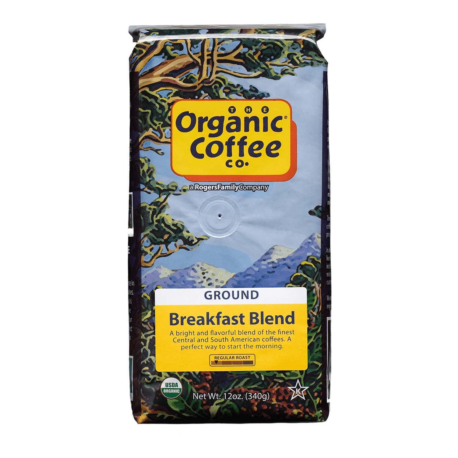 Organic Coffee Co. Breakfast Blend Ground Coffee 12 Ounce Medium Light Roast USDA Organic