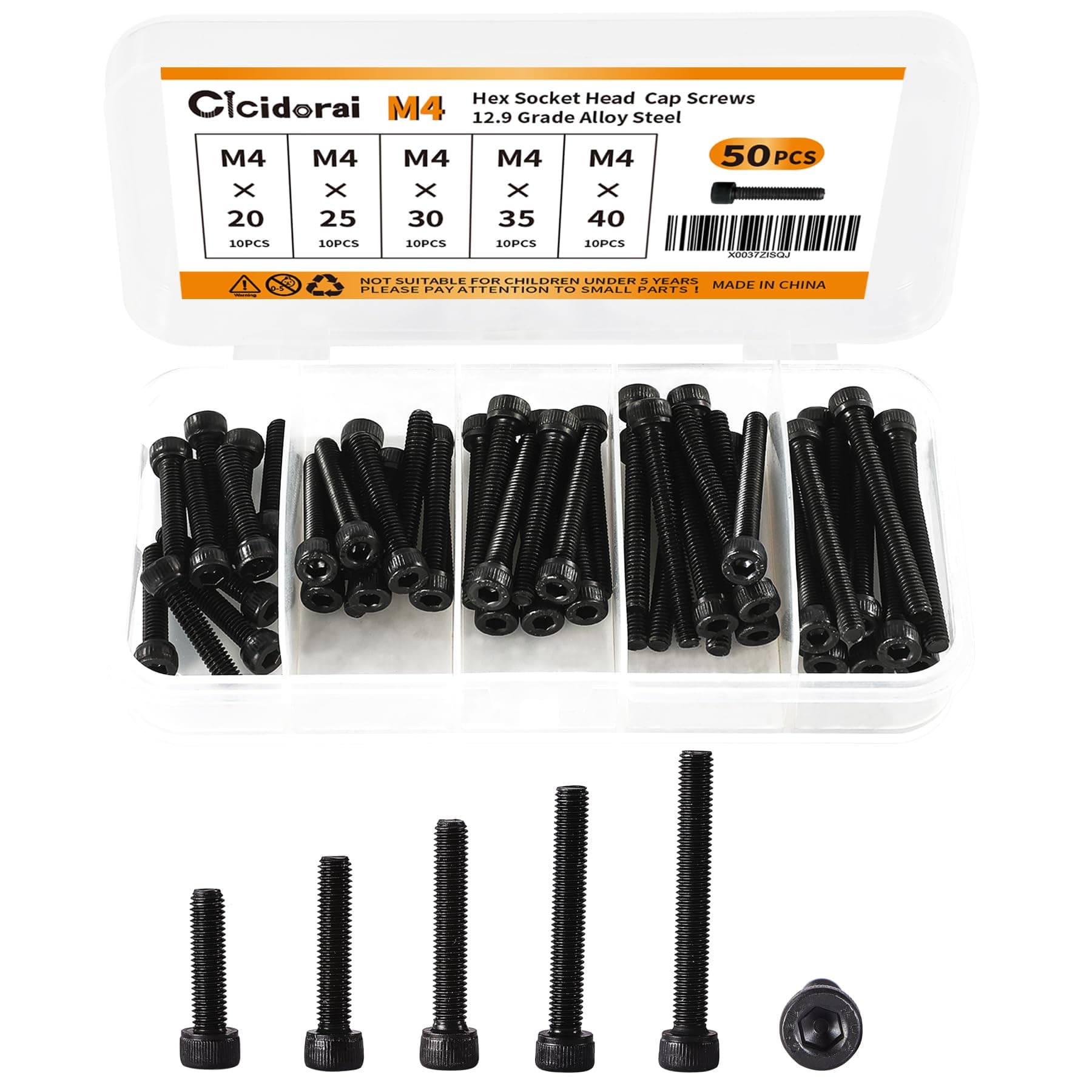 M4 x 20mm 25mm 30mm 35mm 40mm Hex Socket Head Cap Screws Bolts, 12.9 Grade Alloy Steel, Black Oxide Finish, Fully Threaded, Metric Allen Hex Drive, Assortment Kit 50Pcs