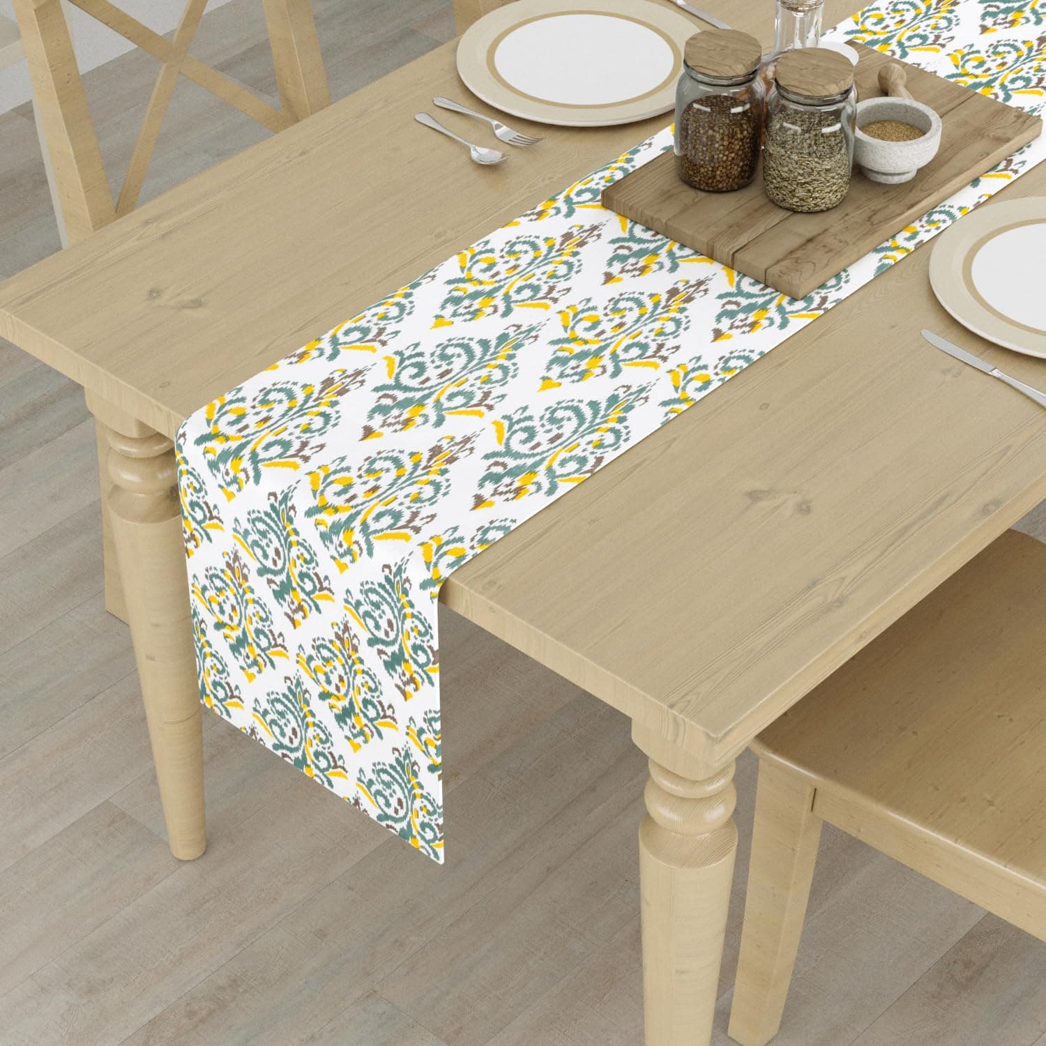 HOMEMONDE Cotton Center Table Rectangular Runners 6 Seater For Dining Room Tables,Yellow&Dark Cyan,Ikat,12X72 Inches