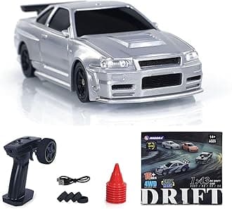 Remote Control Race Car 1/43 RTR with Gyro RC Drift Car 4WD Traffic Cones for Indoor Outdoor (Silver)