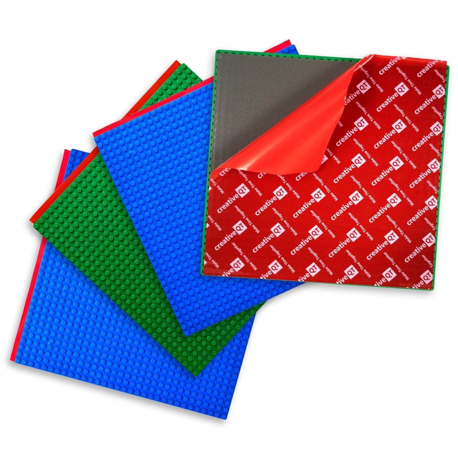 Peel & Stick Blocks Base Plate - 10 x 10 in, 4-Pack, Blue & Green - Stackable Building Toy for Play Tables & Wall Panels - Adhesive Baseplate Compatible with Lego & Other Major Brands