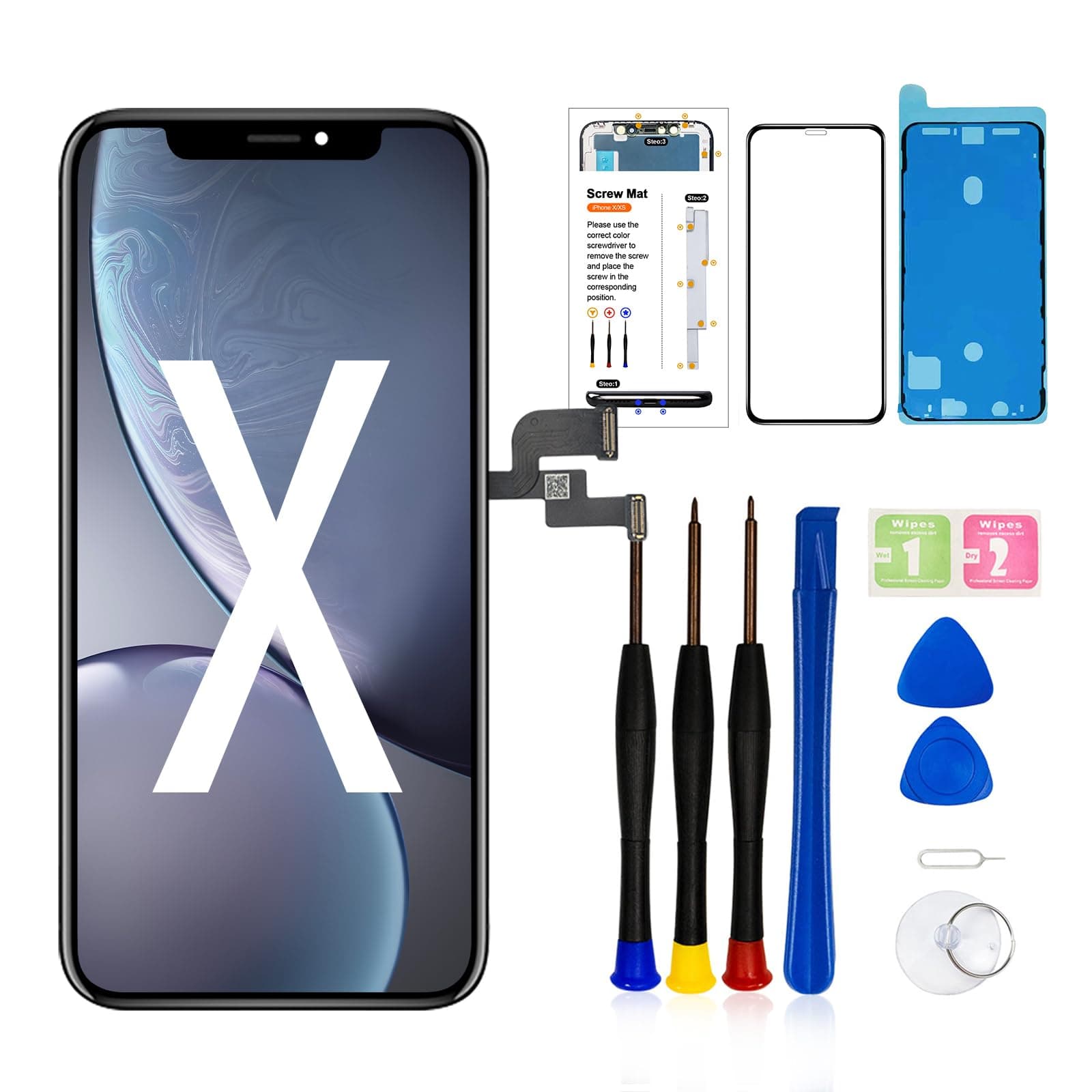 LMQ for iPhone X LCD Screen Replacement 5.8 Inch Frame Assembly LCD Display and 3D Touch Screen Digitizer with Repair Tools Kit for A1865/A1901/A1902 with Waterproof Adhesive Tempered Glass