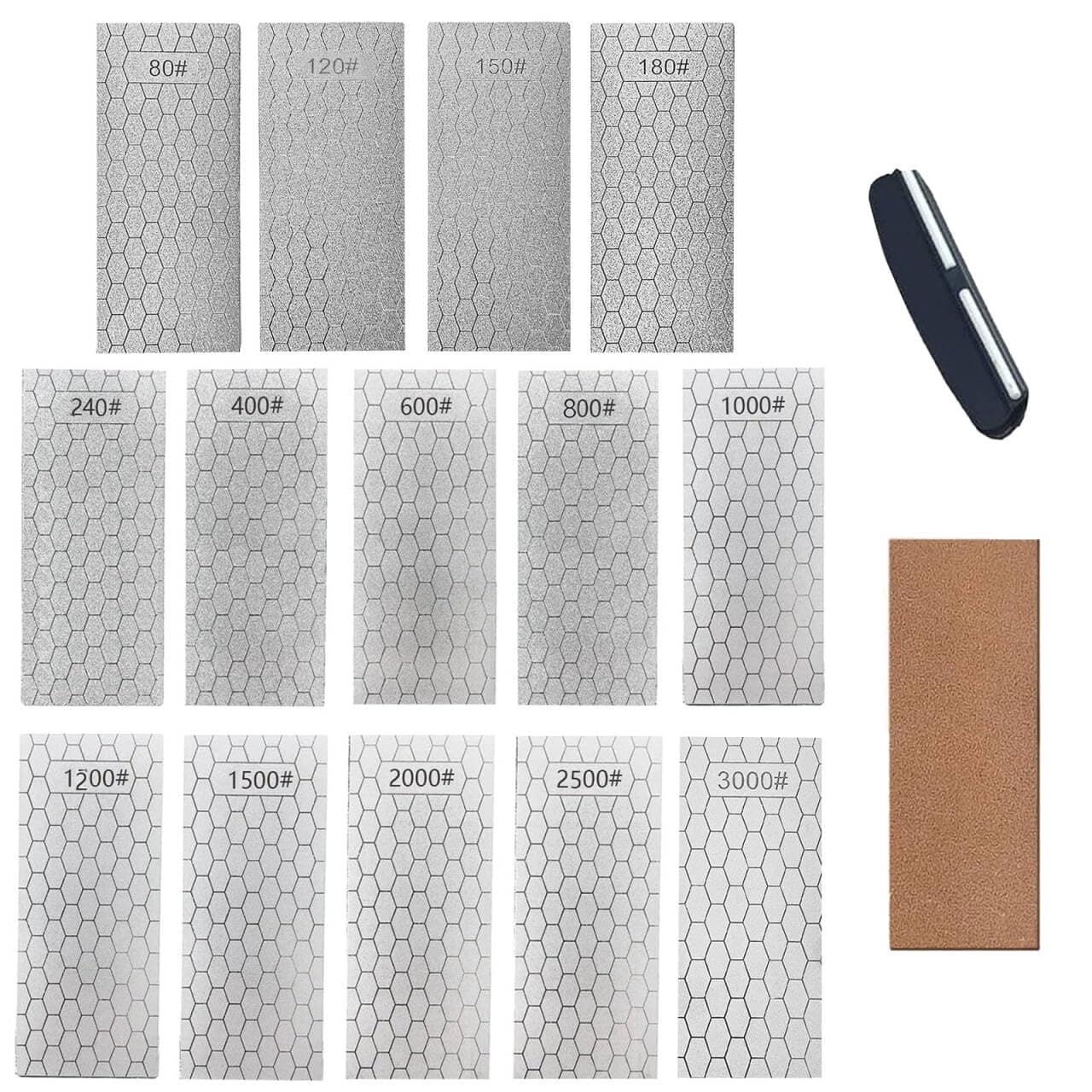 14 Pcs Diamond Sharpening Stone, with Angle Guide and Leather Strop, Knife Sharpener Stone Whetstone Honeycomb Surface Plate with Non-slip Base for Pocket Knives Scissors