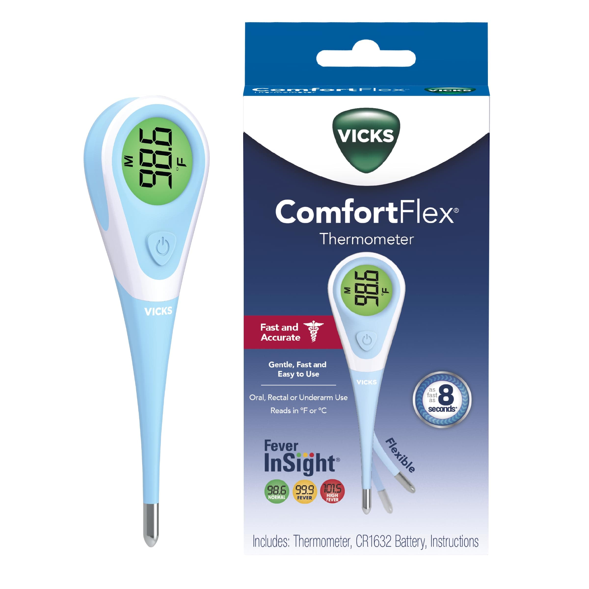 Vicks ComfortFlex Digital Thermometer: Accurate Color-Coded Reading in 8 Seconds, for Adults & Children, Oral, Rectal, or Under Arm Use