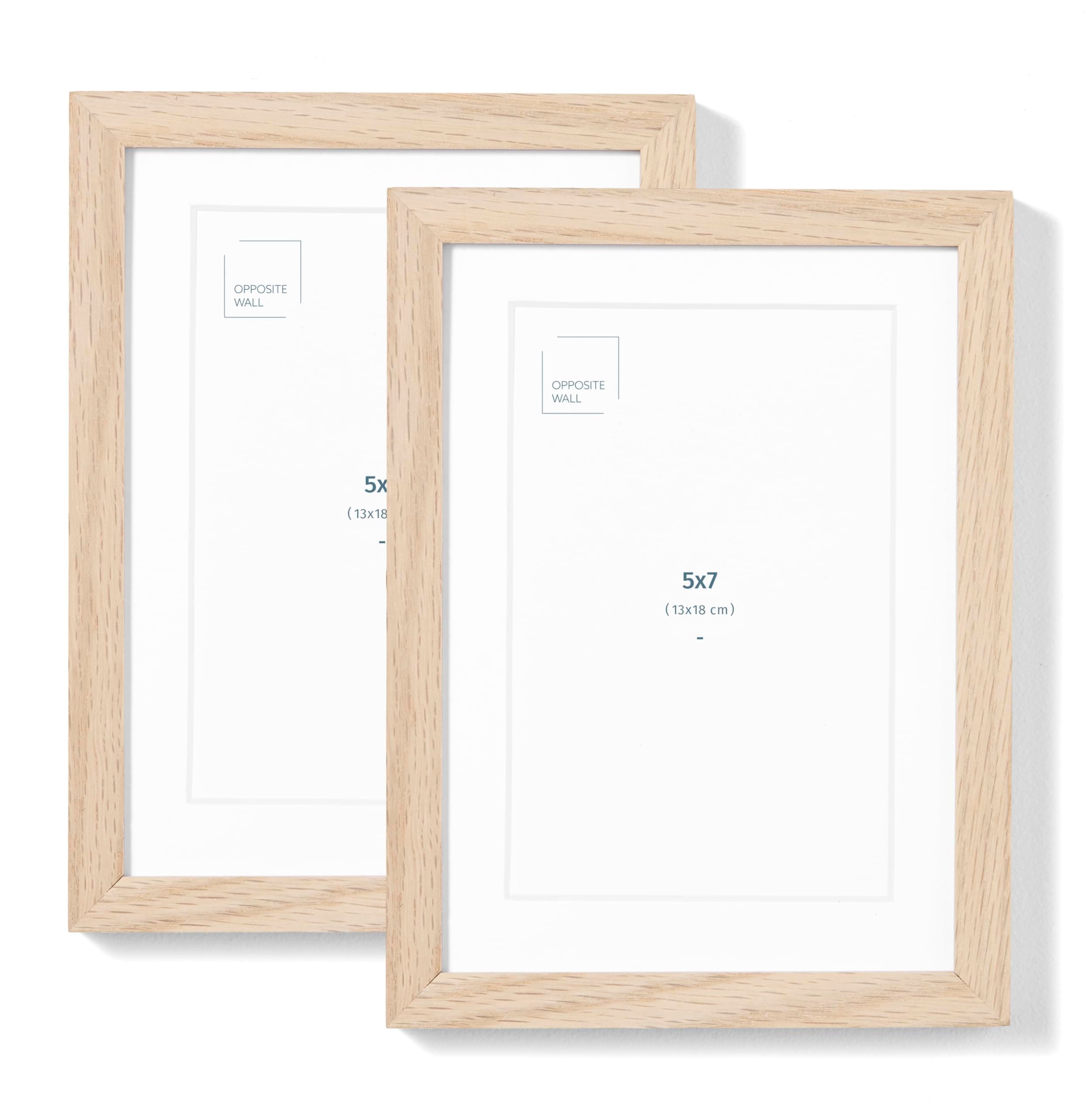 Opposite Wall - Set of 2-5x7 in - Natural Solid Oak Wood Picture Frames with Mat - Wall Hanging & Tabletop Photo Frame - Pictures Display 4x6 with Mat, 5x7 without - Office, Gallery & Home Decor