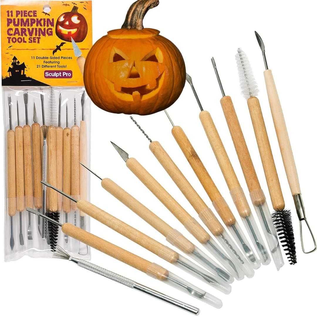 Pumpkin Carving Kit (21 Tool Set) w 11 Double Sided Pieces - Halloween Professional Sculpting, Cutting and Carving Knife Supplies for Fall Jack-O-Lanterns, Pumpkins, Decorations for Kids and Adults