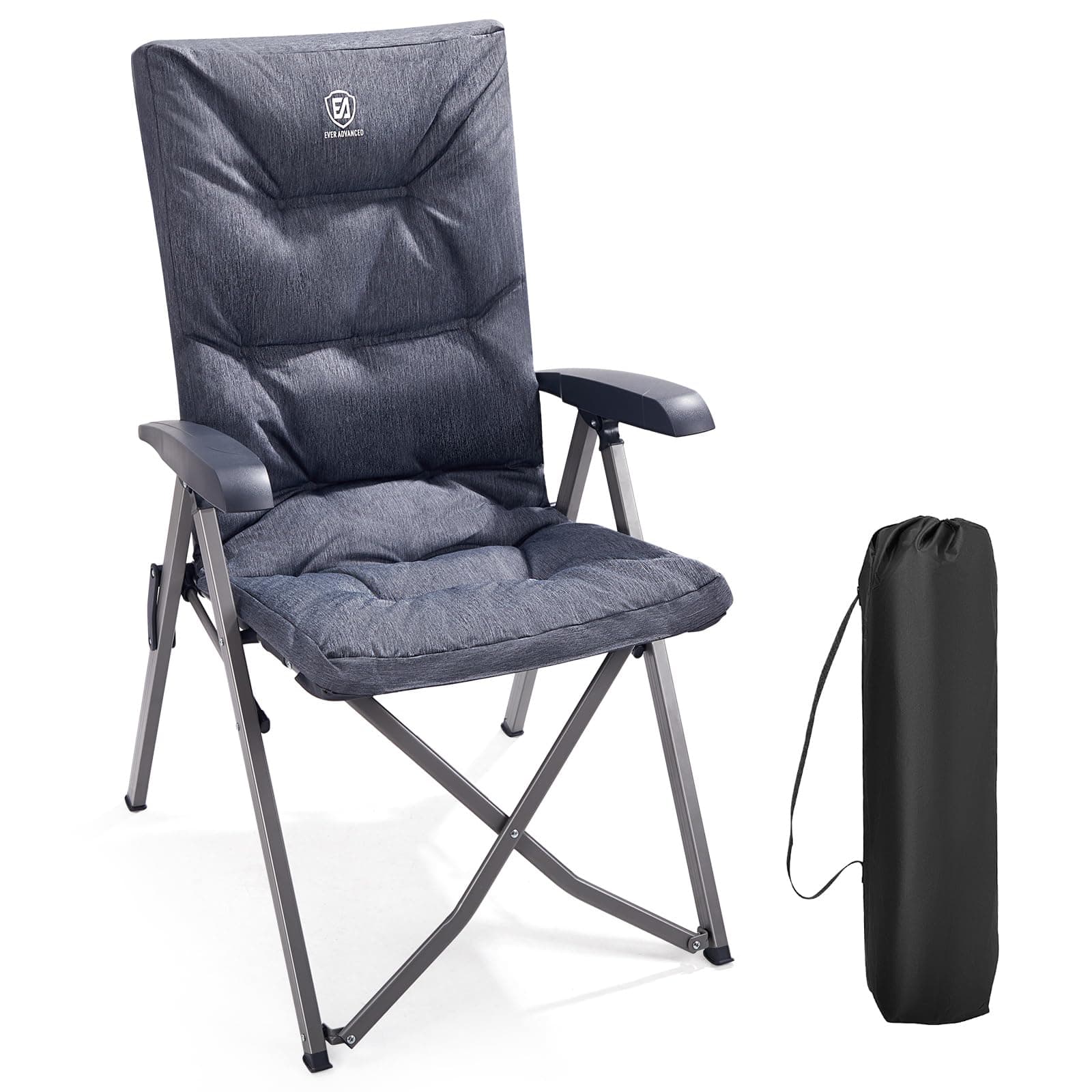 Folding Padded Camping Chair 4 Positon Adjustable Recliner with High Back Support Portable for Adults, 300lbs Weight Capacity, Grey