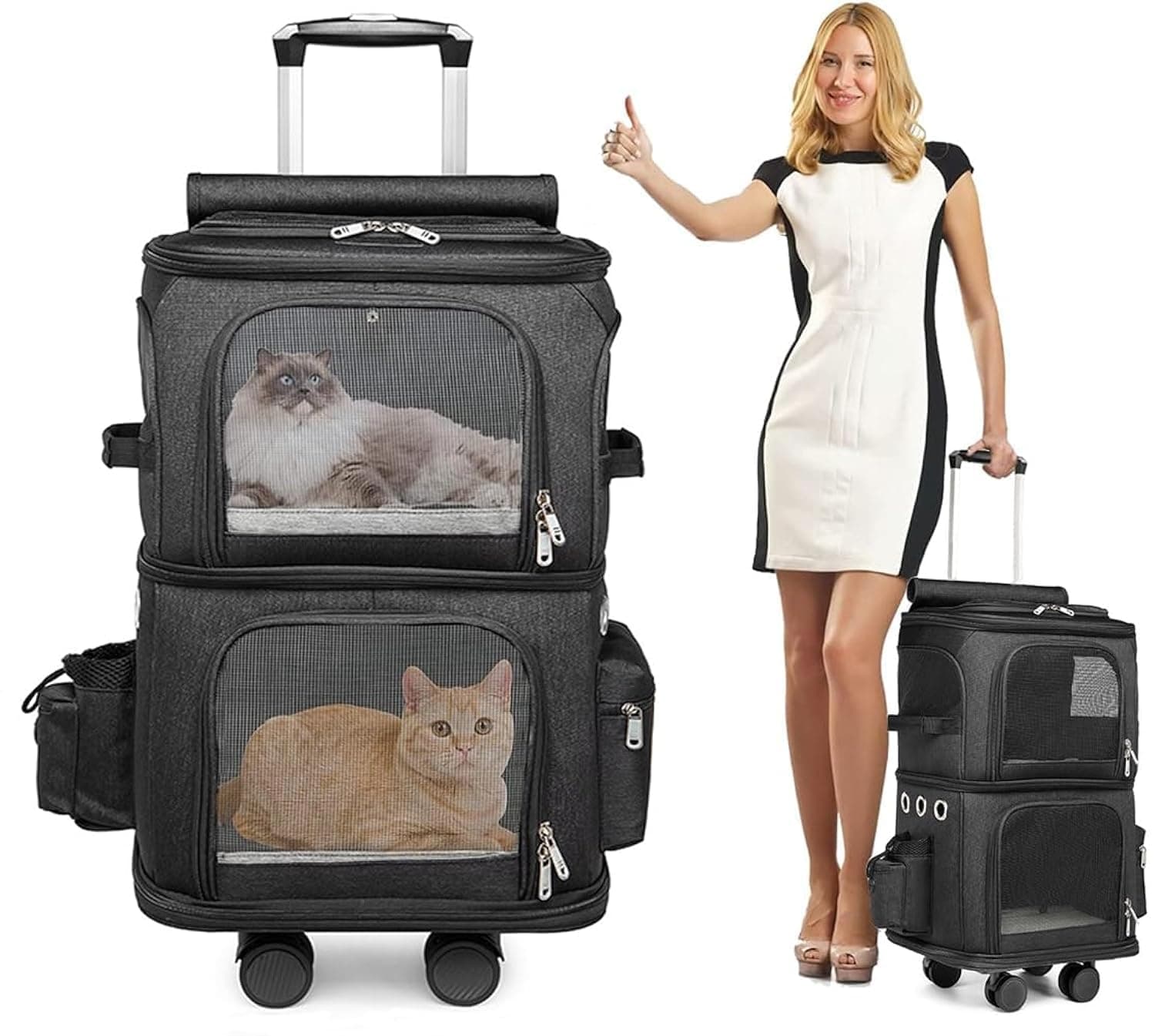 DEONG Double-Compartment Pet Dog Rolling Carrier Backpack with Removable Rolling Wheels,Cat Carrier for 2 Cats Small Dogs,Ideal for Traveling/Hiking/Camping