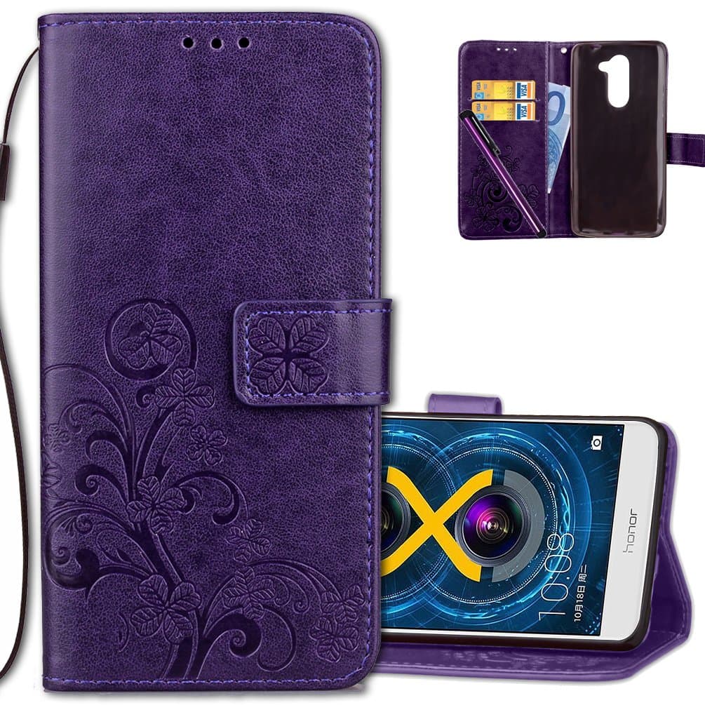 COTDINFORCA Case for Honor 6X Wallet Case Leather Premium PU Embossed Design Magnetic Closure Protective Cover with Card Slots for Huawei Honor 6X (5.5 inch). Luck Clover Purple