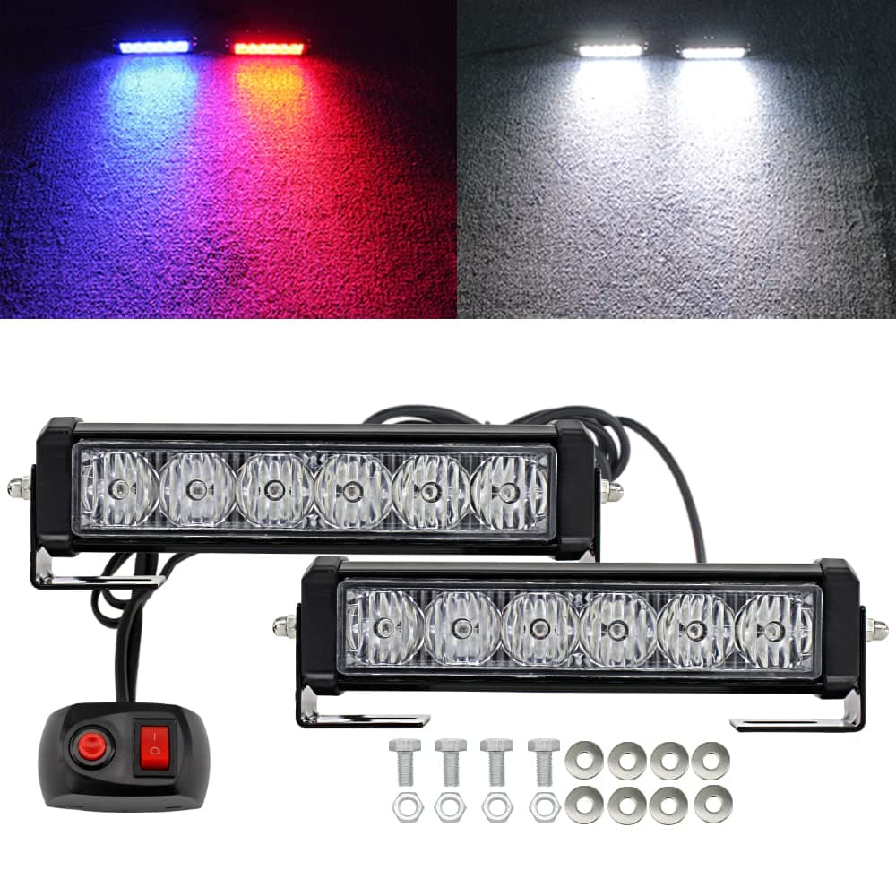STDYSUN LED Emergency Strobe Lights Bar 2Pcs Red Blue Change White Double Color Warning Police Grille Lights Bar Surface Mount Fit for Motorcycle POV Utility Construction Vehicle and Tow Truck Van