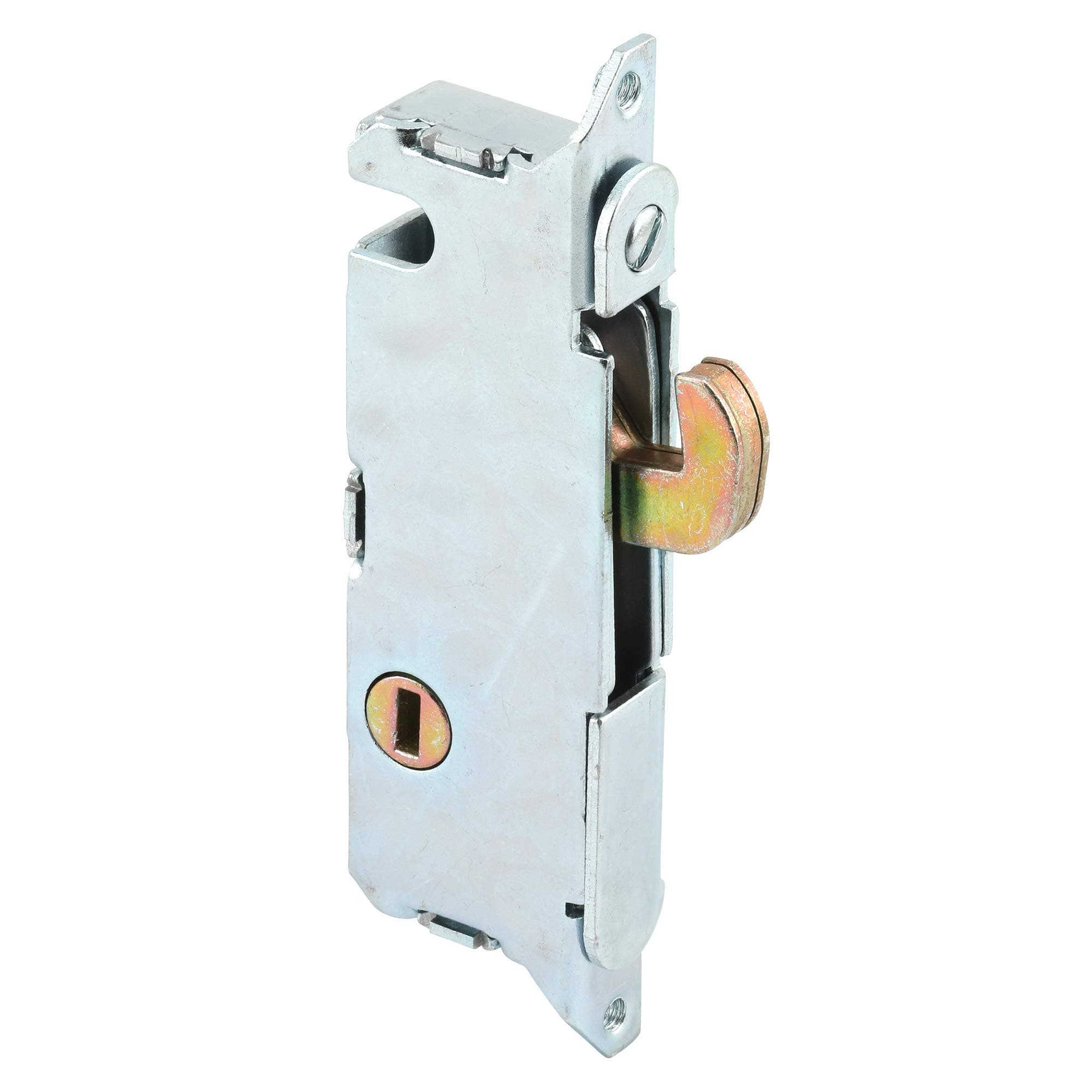 Prime-Line E 2013 Mortise Lock - Adjustable, Spring-Loaded Hook Latch Projection for Sliding Patio Doors Constructed of Wood, Aluminum and Vinyl, 3-11/16”, Vertical Keyway, Round Face (Single Pack)