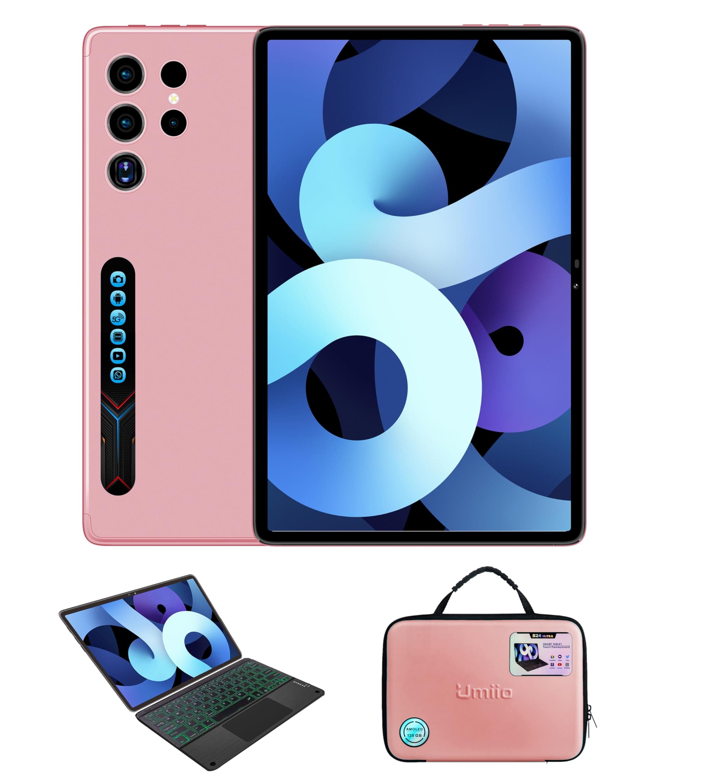 Smart Tablet S24 Ultra Tablet with Keyboard/Case and EWB Handbag, 10.1-inch HD Display, 12GB RAM 512GB ROM, Dual Camera, SIM 5G Network Android WiFi GPS Slim Tab (Pink)