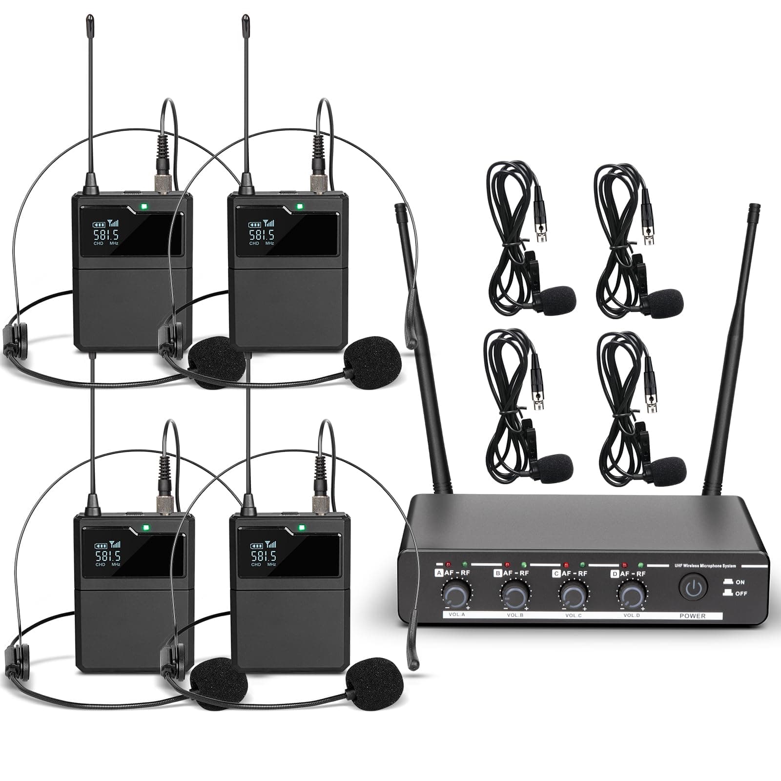 R6 Professional Wireless Microphone UHF System 4 Channel with Wireless lavalier Headset Microphone, Metal Receiver, Perfect for Singing, Karaoke, Parties, Weddings