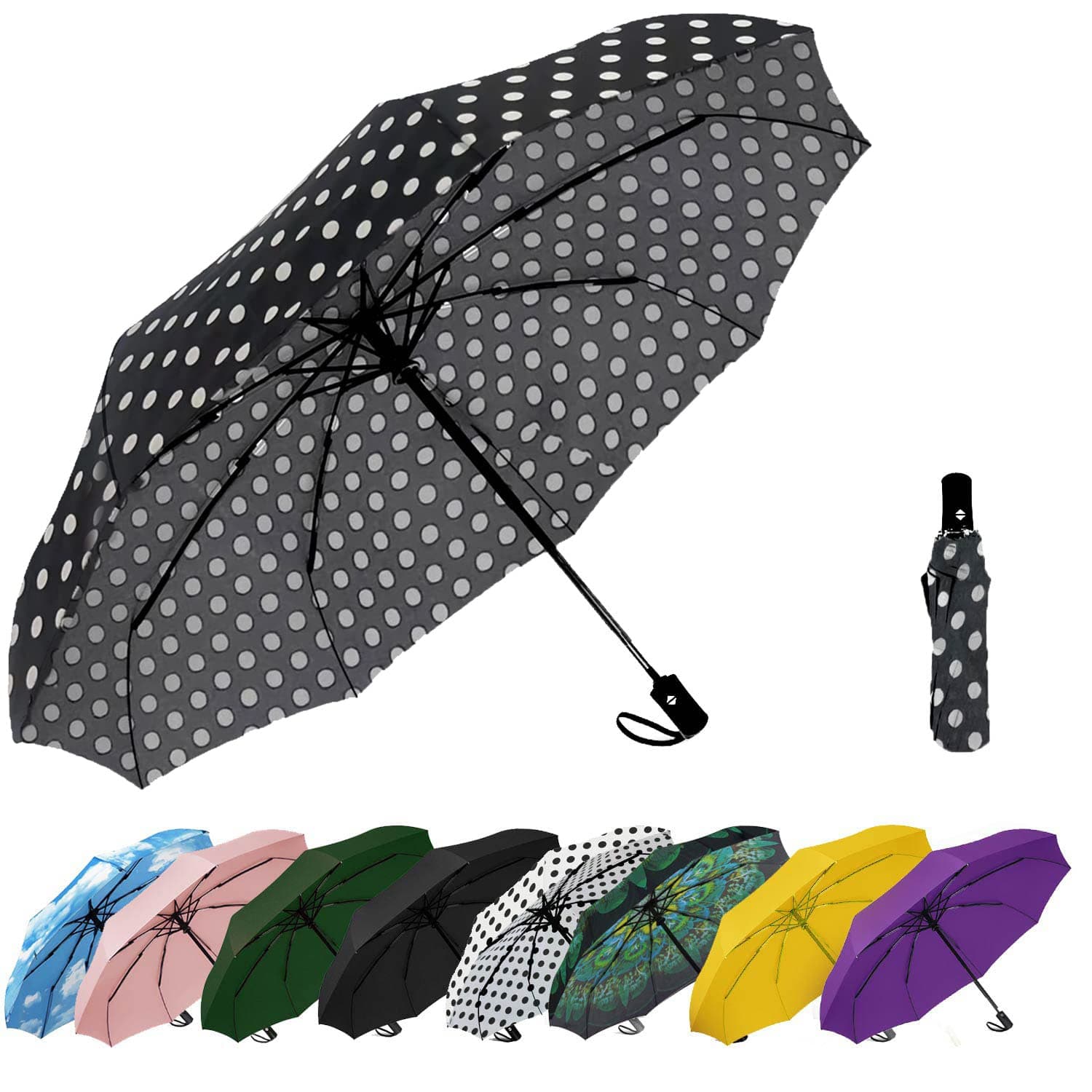 SIEPASA Windproof Travel Compact Umbrella-Automatic Umbrellas for Rain- Folding Umbrella, Travel Compact Umbrella.(Black Polka Dots)