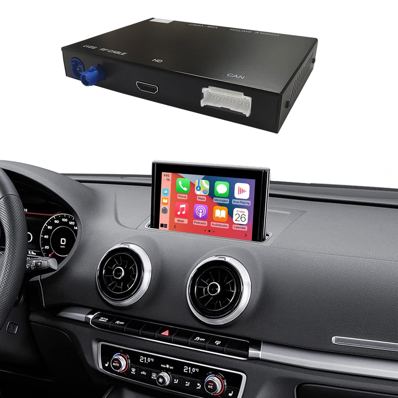 Wireless CarPlay Android Auto Retrofit Kit Compatible with 2013-2018 Audi A3/S3, Carplay Module Receiver Box Support Navigation, Maps, Music, Mirroring, Camera