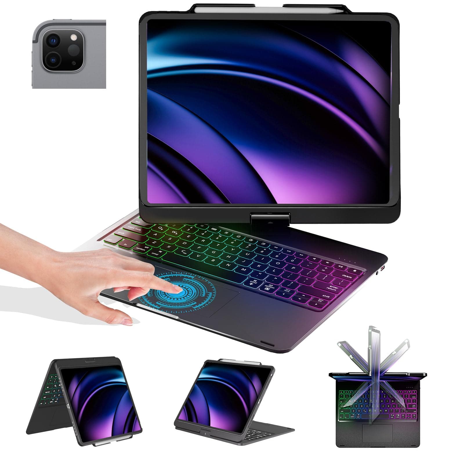 BABG iPad Pro 12.9 inch 6th Generation 2022 Case with Keyboard and Touchpad, Compatible with iPad Pro 12.9-inch 5th Gen 2021/4th Gen 2020/3rd Gen 2018, Rainbow Backlits & Apple Pencil Charging - Black