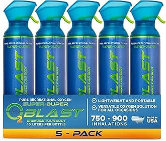 O2 Blast 99.7% Pure Oxygen, 10 Liter Portable Can 5 Pack with Custom Breathing Mask, Increase Stamina & Reduce Recovery Time, Ideal for High Altitude & Sports Recovery