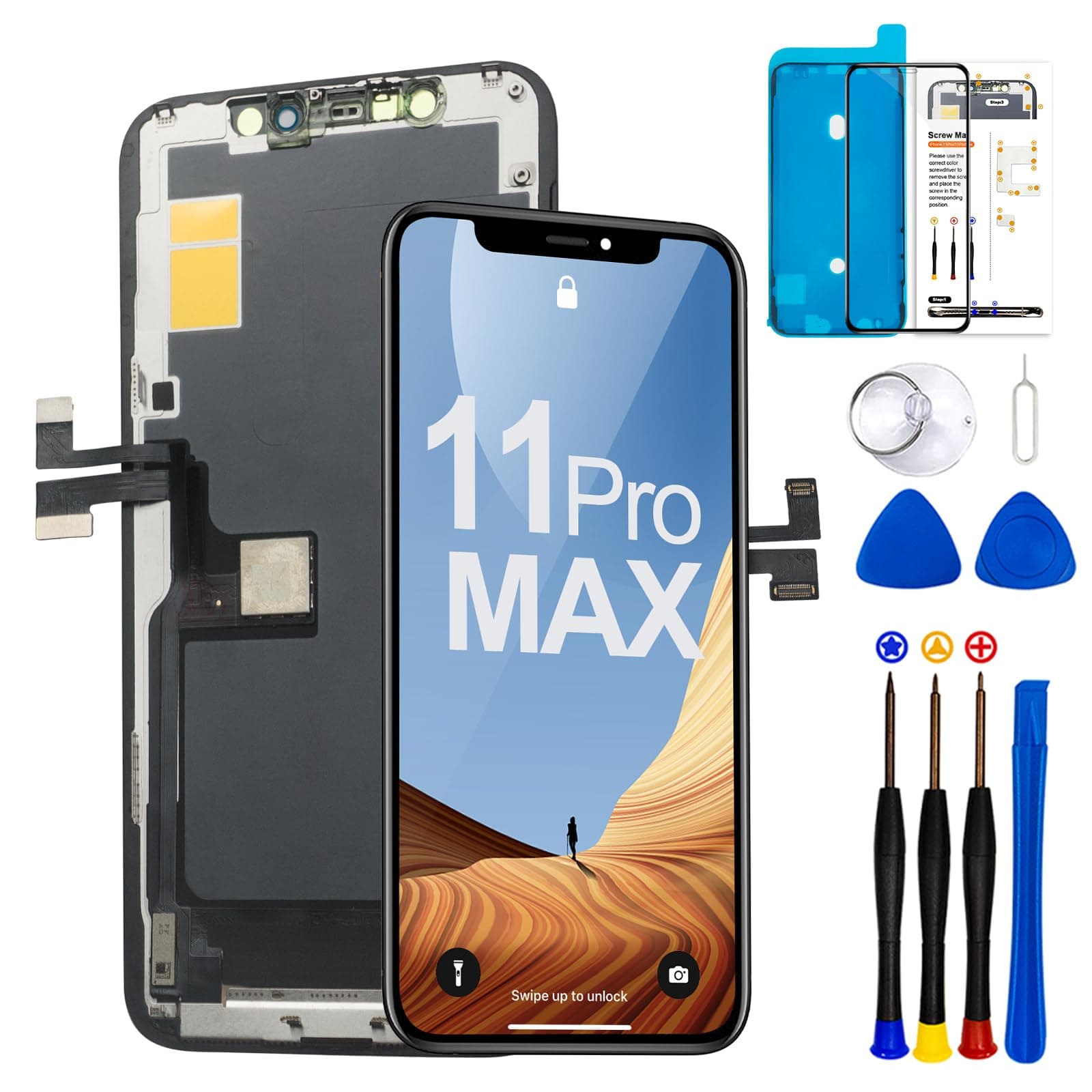 LMQ for iPhone 11 Pro Max Screen Replacement 6.5" (A2161/A2220/A2218) Full HD LCD Display COF Touch Screen Digitizer Full Assembly with Repair Tools Kit, Waterproof Adhesive and Tempered Glass