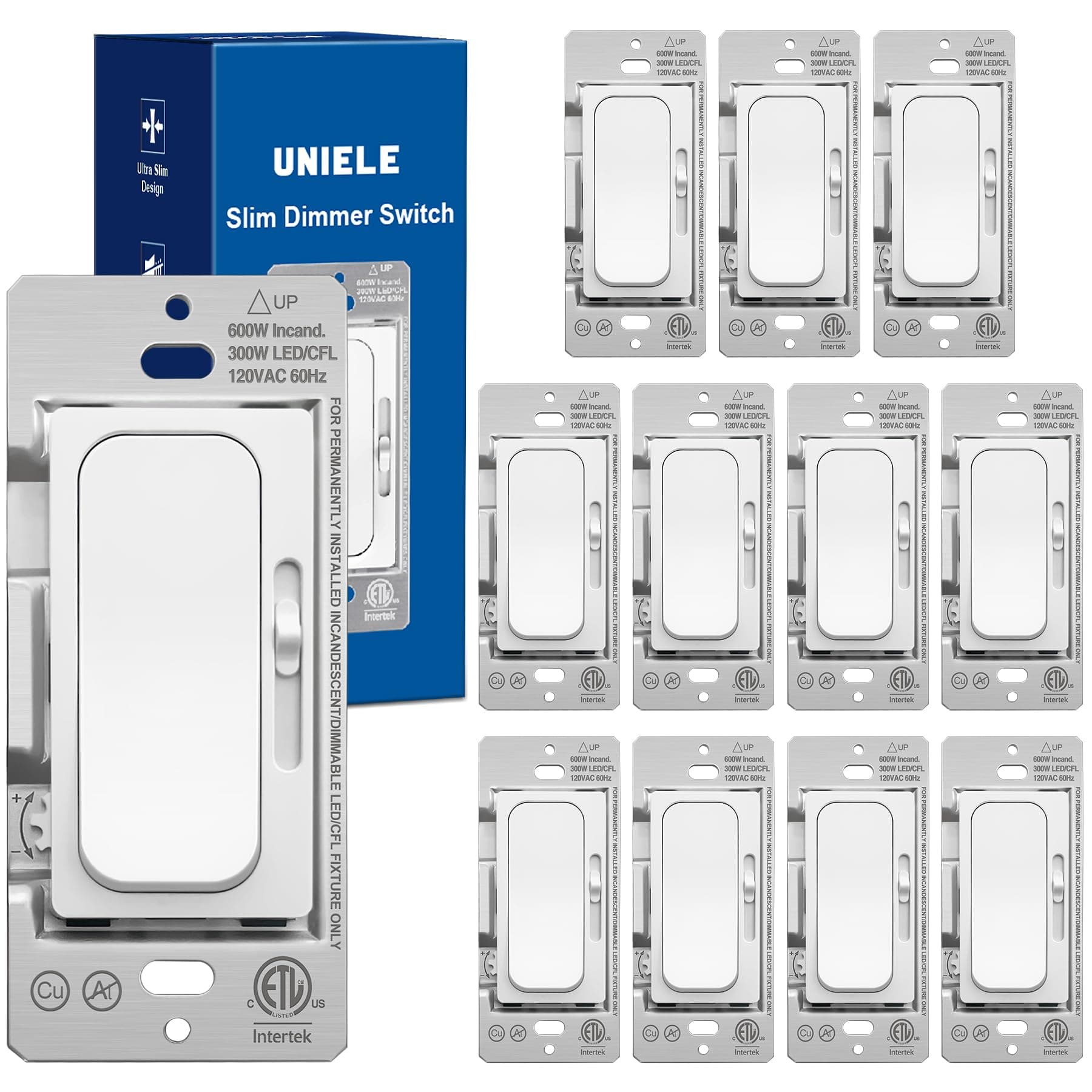 (12 Pack) UNIELE Ultra Slim Dimmer Switch Single-Pole/3 Way for 300W Dimmable LED/CFL Lights and 600W Incandescent/Halogen, 15A/120V/60Hz, ETL Listed, White