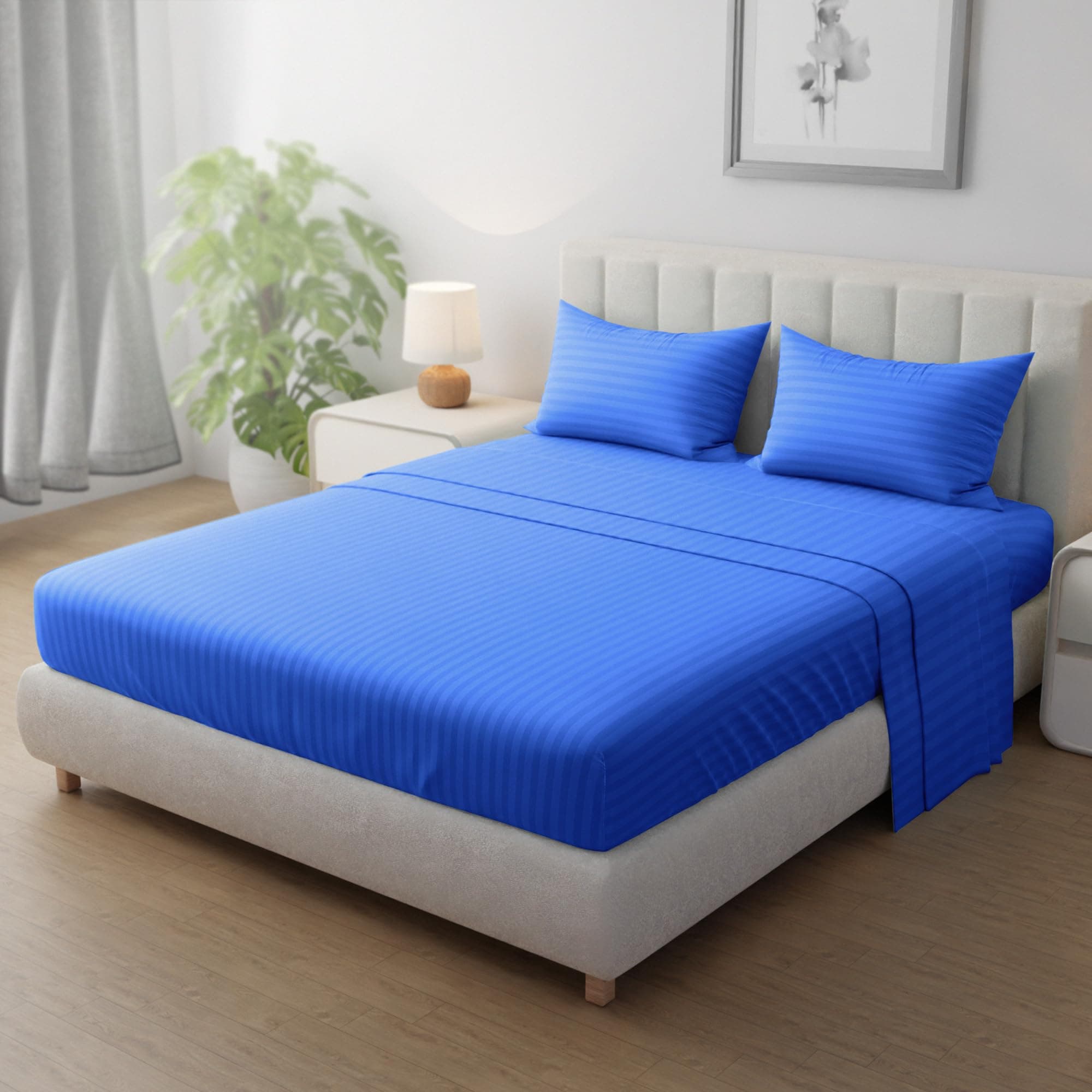 Striped Microfiber Fitted Sheet Set - Single (90 x 190 cm) + 2 Pillowcases (50 x 75 cm), Premium Durable Quality, Deep Pocket for a Perfect Fit, Royal Blue