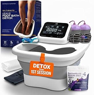 Vital Vibes Ultimate Ionic Foot Bath Detox Machine - Foot Detox Machine for Spa Bath with Touch Display - Epsom Salt & Towel - Collapsible Soaking tub -2 Powerful Array- Ion Wristband-Tub Liners
