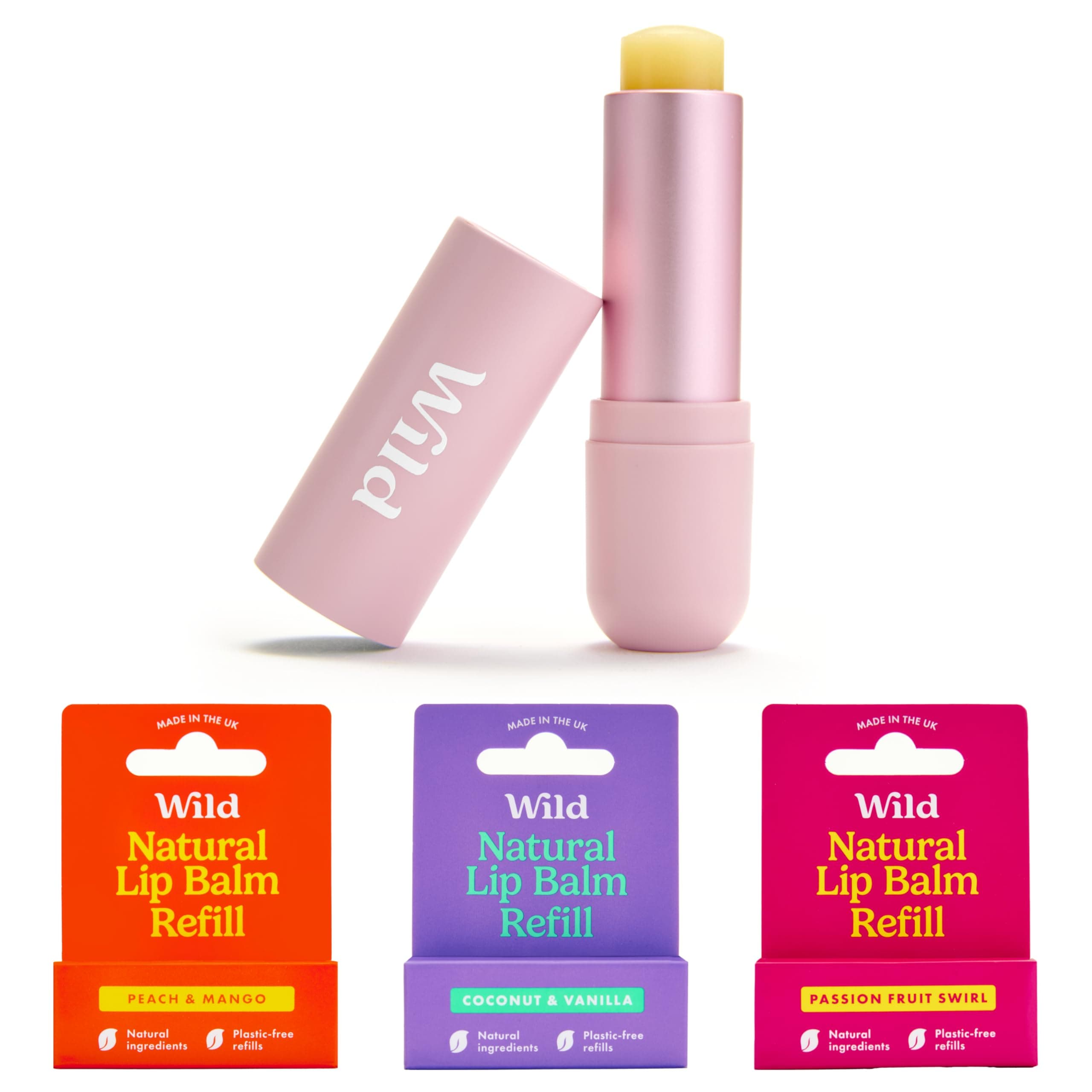 Wild Natural Refillable Lip Balm Starter Kit - Includes Rose Pink Aluminium Case & 3 Pack Lip Balm Refills in a Variety of Scents - Peach & Mango, Coconut & Vanilla and Passionfruit Swirl Scents