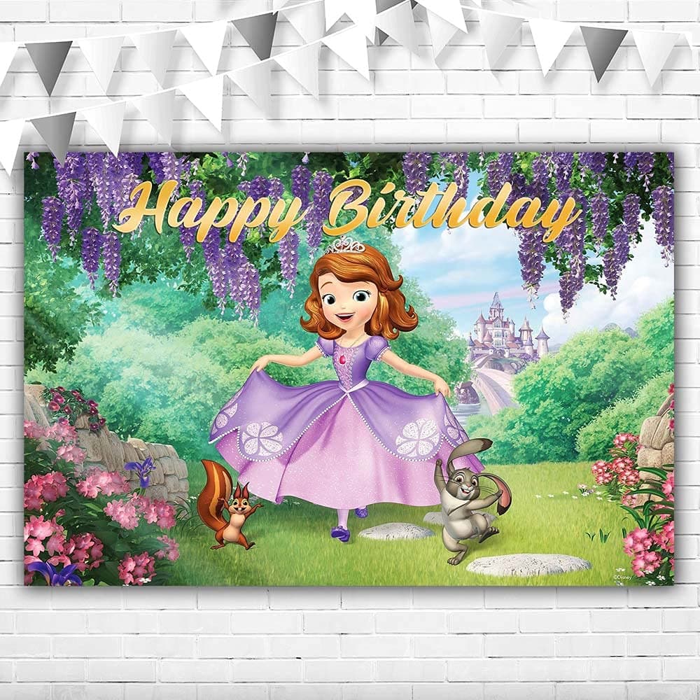 Youran Sofia The First Birthday Theme Backdrop Romantic Purple Princess Forst Wonderland Animals Sofia Background for Girl's First Birthday 5x3ft