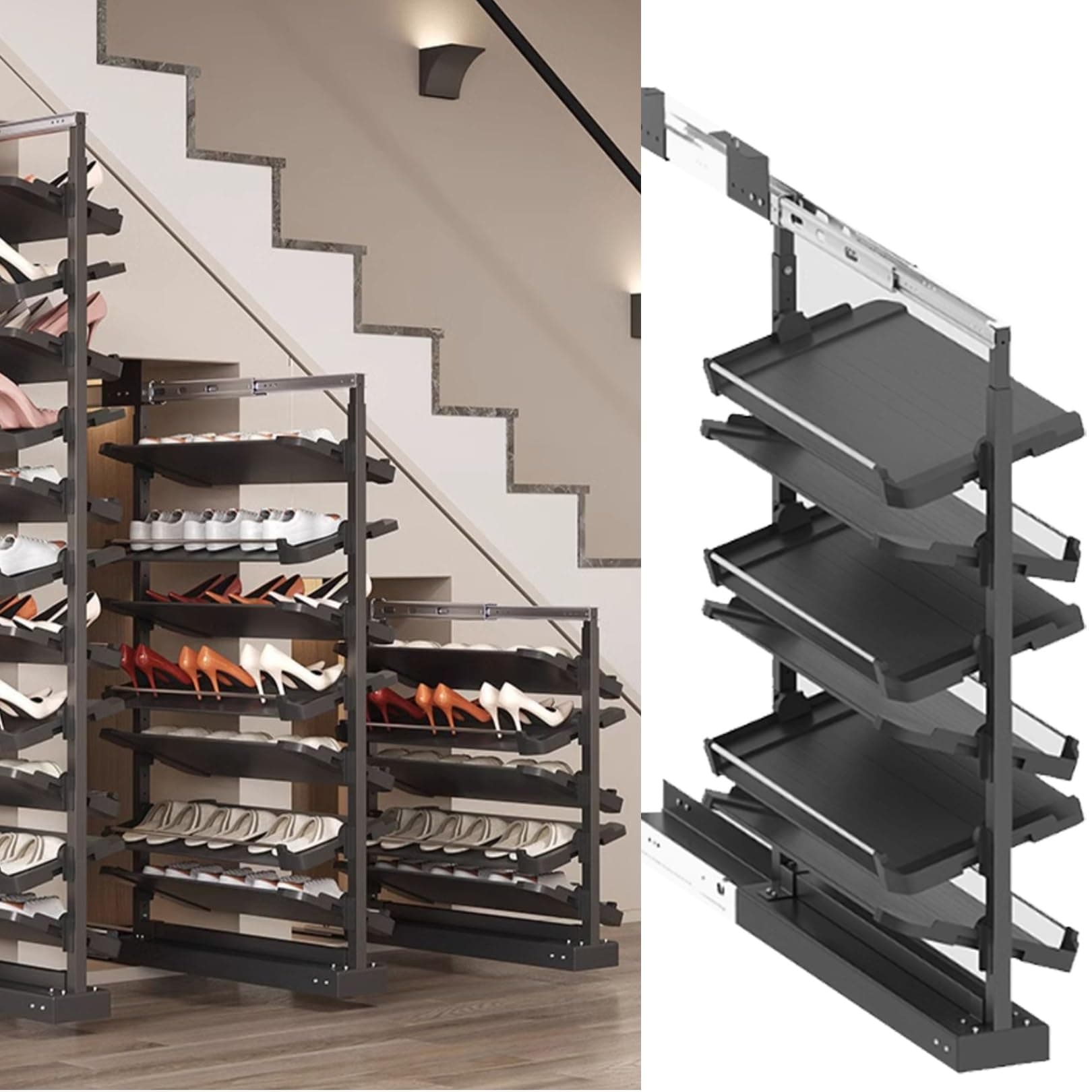 Pull-Out Shoe Rack Organizer for Closet Shoe Cabinet,Adjustable Height Retractable Metal Stackable Shoe Rack, Vertical Shelf Organizer for Small Bedroom Closet, Space Saving Storage, Black(43cm,6 Tier