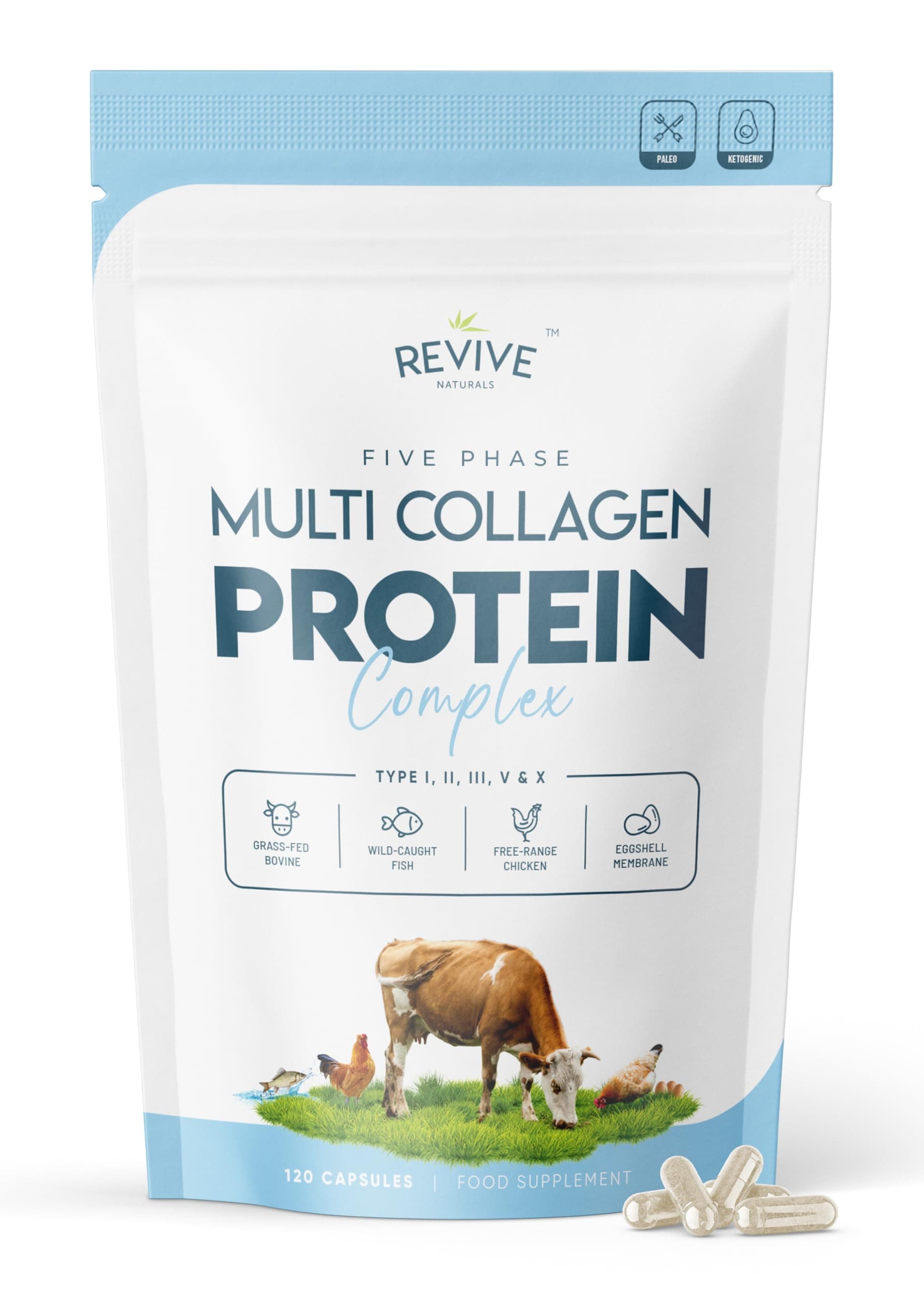 Multi Collagen Protein Capsules - 120 Count - Types I, II, III, V & X - Hydrolysed Grass Fed Bovine, Wild Caught Marine & Free-Range Chicken, Made with Hyaluronic Acid & Vitamin C by Revive Naturals