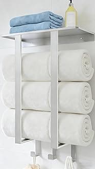 Towel Racks for Bathroom, BETHOM Towel Rack Wall Mounted with Shelf and 3 Hooks, Towel Storage for Small Bathroom for Rolled Bath Towels, Brushed Nickel