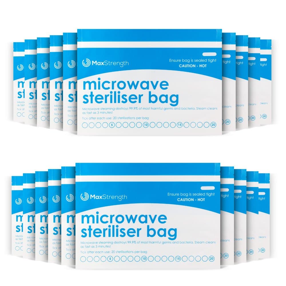 Max Strength Microwave Steriliser Bags Premium 10pc Pack , Large & Durable Steam Bags for Baby Bottles, Soothers, Teethers & Training Cups, 20 Uses Per Bag, Marking System, Chemical Free & Safe Zone