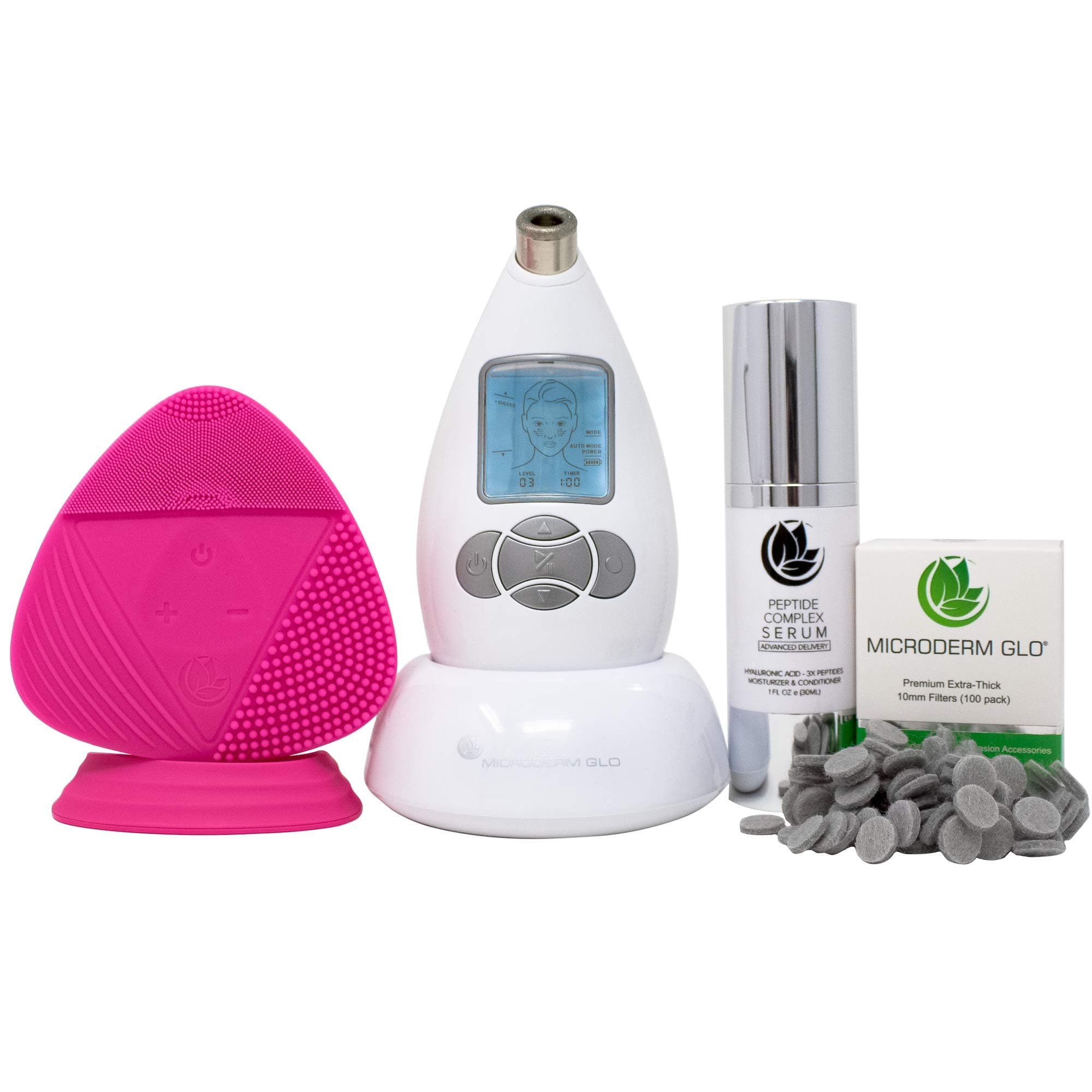 Advanced Skincare Bundle Includes Diamond Microdermabrasion System, 10mm Filters 100 pack, Peptide Complex Serum, Sonic Facial Cleansing Brush. Perfect Anti Aging Treatment Kit (White)
