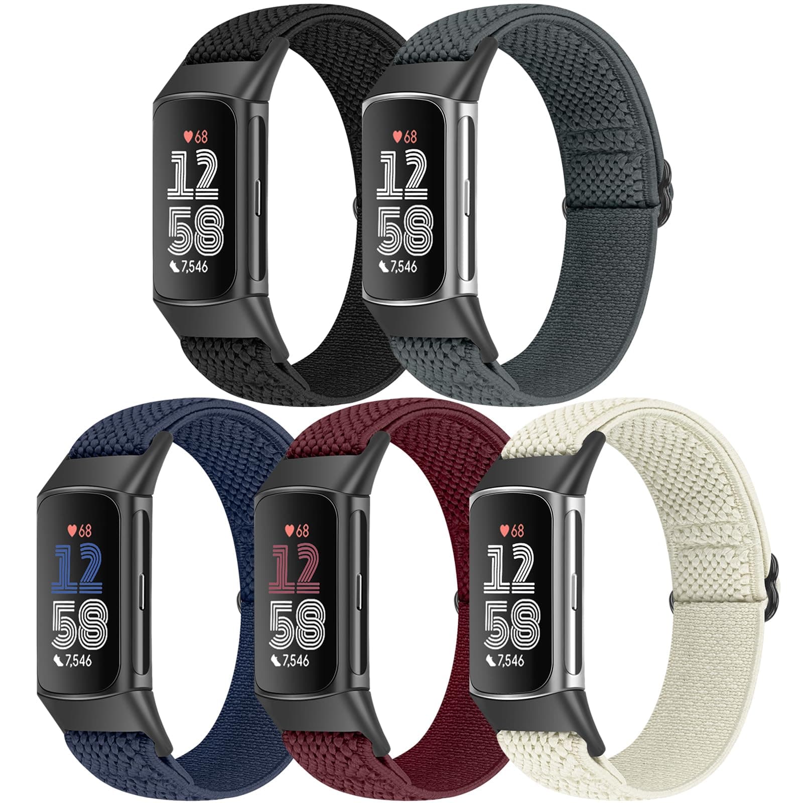 Bcuckood 5 Pack Elastic Nylon Watch Bands Compatible for Fitbit Charge 6/Fitbit Charge 5, Adjustable Breathable Replacement Stretchy Nylon Loop Wristband Sport Strap for Women Men