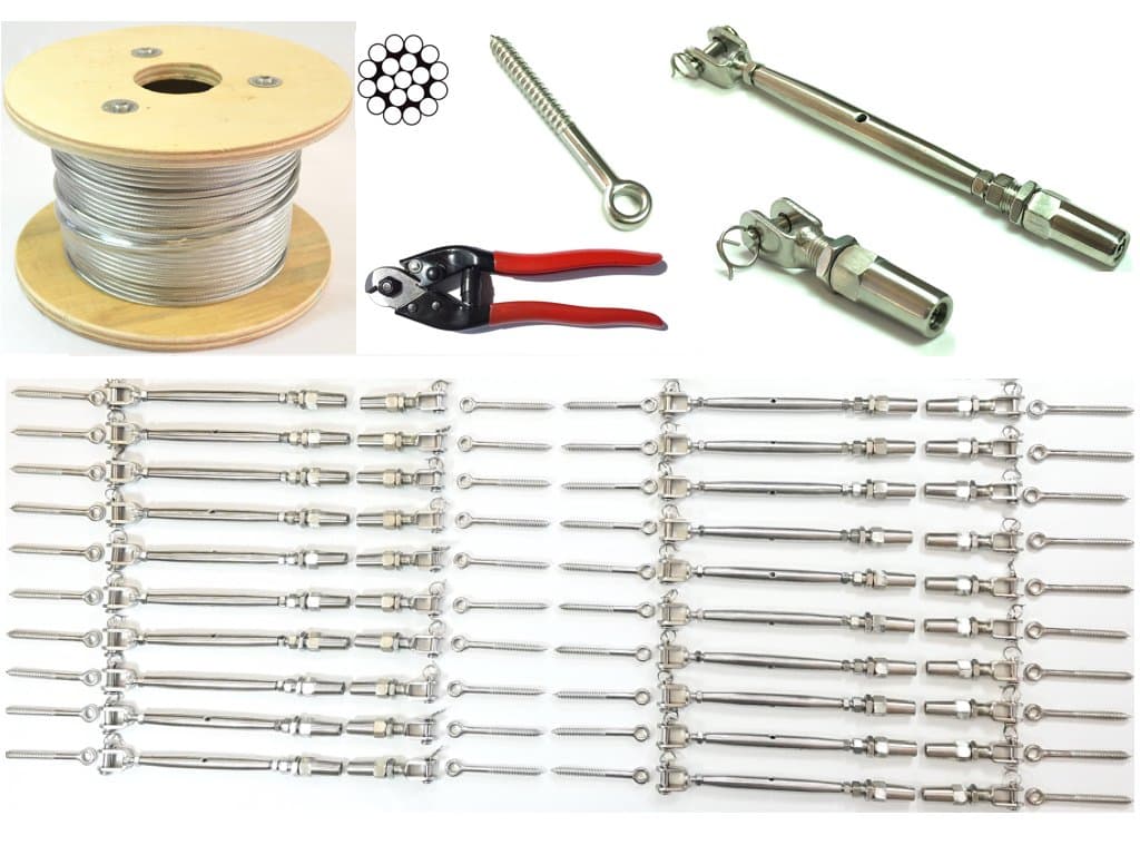 1/8 Cable Railing Kit 36".Stainless Steel 316 Cable 1/8 1*19 250 ft,Tensioner Quick Installation Stainless Steel 316 20-Pack,Welded Fork Swageless 20-Pack,Eye Terminal With Wood Screw 40-Pack 1 Cutter