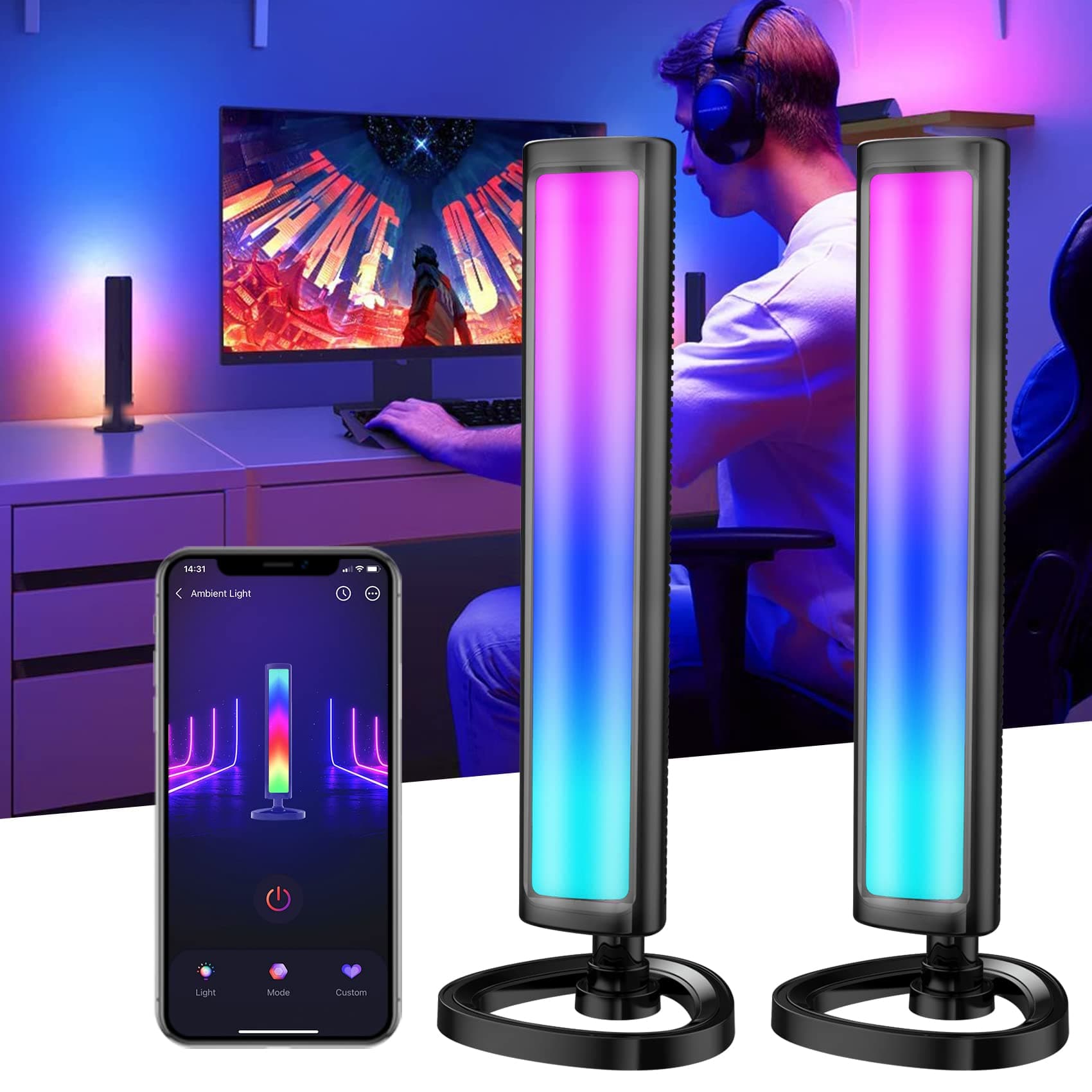 Smart LED Light Bars,Light Bar for Room 16 Million Colors RGB Light Bar with Scene Modes and Music Modes, Smart Light Bar with APP, LED Light Bar for Room, Movies, PC, TV, Gaming Setup Room-2PCS