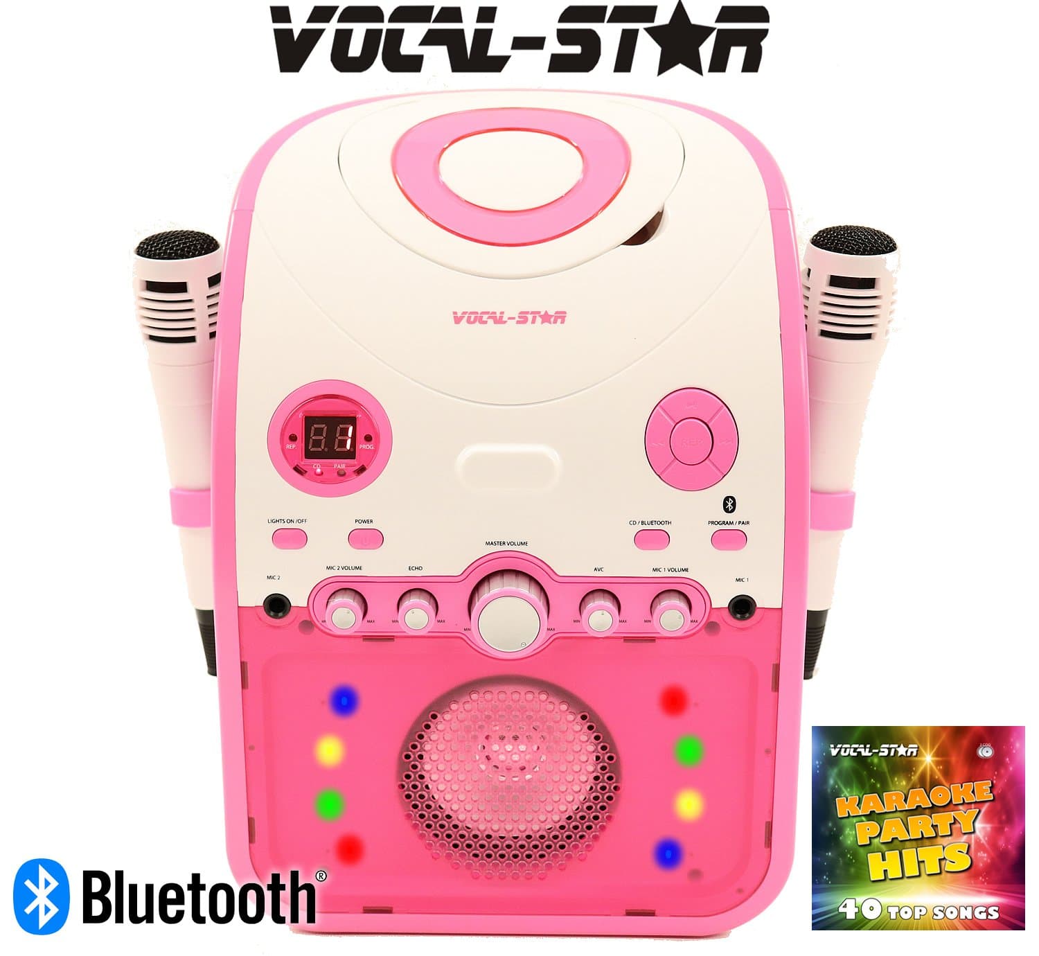 Vocal-Star Pink PartyBox CDG CD Bluetooth Karaoke Machine With Led Light Effect 2 Microphones & 40 Songs