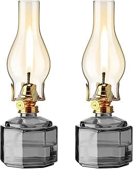 Tuanse 2 Pieces Chamber Oil Lamp for Indoor Use, Classic Kerosene Lamp, Vintage Oil Lanterns, Decorative Hurricane Lantern with Adjustable Fire Wick for Valentines Tabletop Decor, 13 in(Gray)