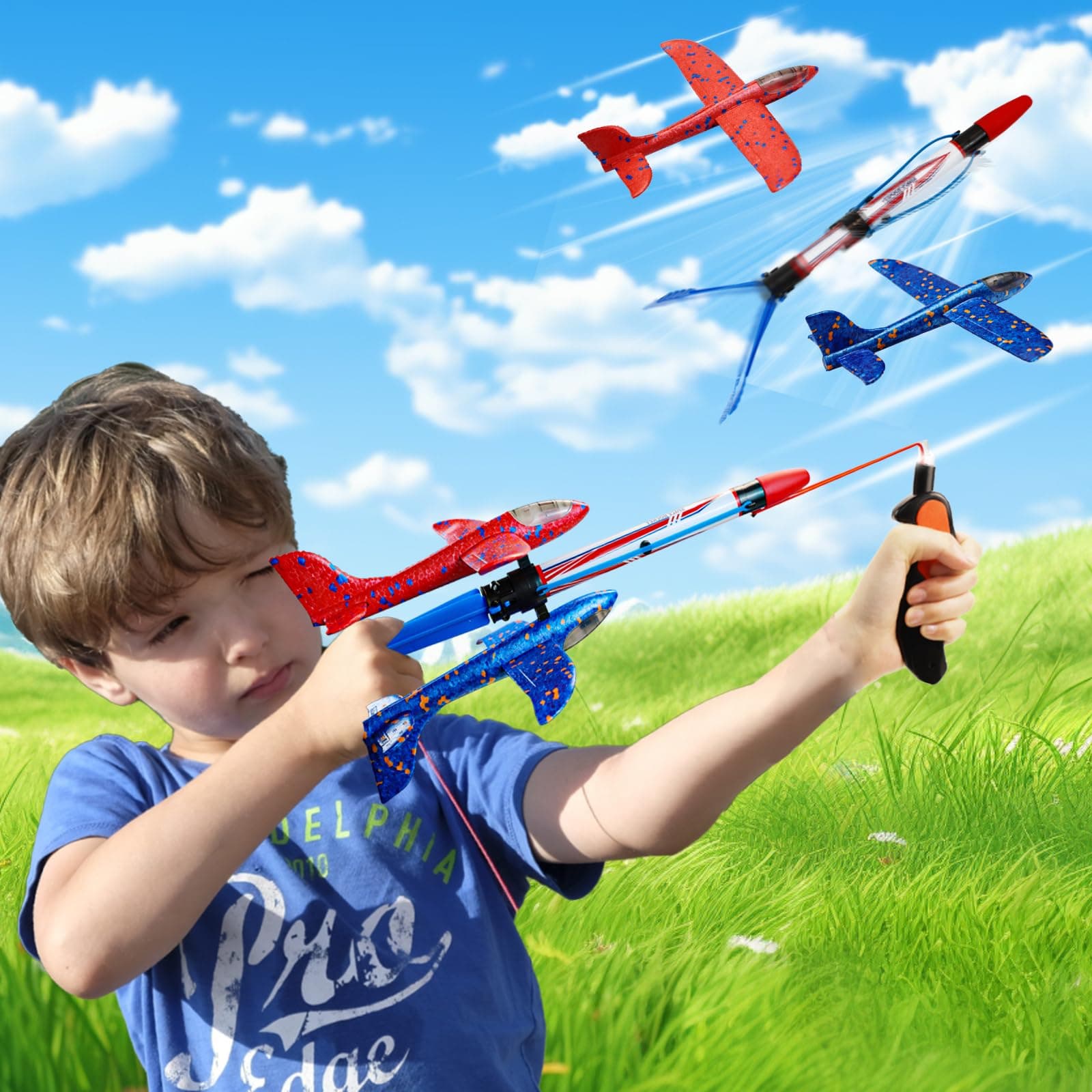 IOUGDSEC Catapult Rocket Glider Toys, 2 Pack Foam Soaring Plane, Catapult Airplane Toy with Rocket, Outdoor Flying Toy Fun Birthday Gift for Kids Age 3+