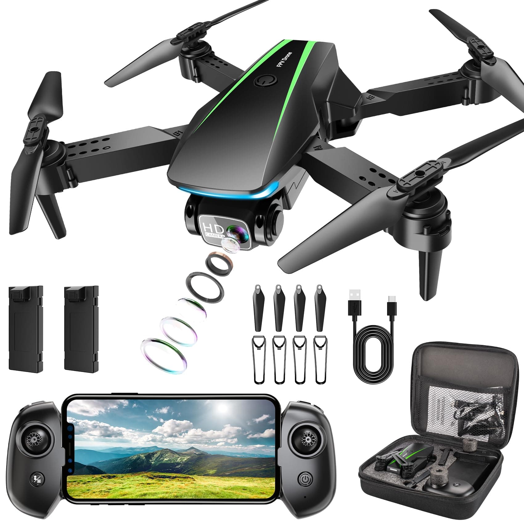 Mini Drone with Camera - 1080P Foldable Drone with Stable Hover, Gravity Control, Trajectory Flight,One Key Take Off/Land, 3D Flip, Drones for Adults with 2 Batteries, Carrying Case, Propellers